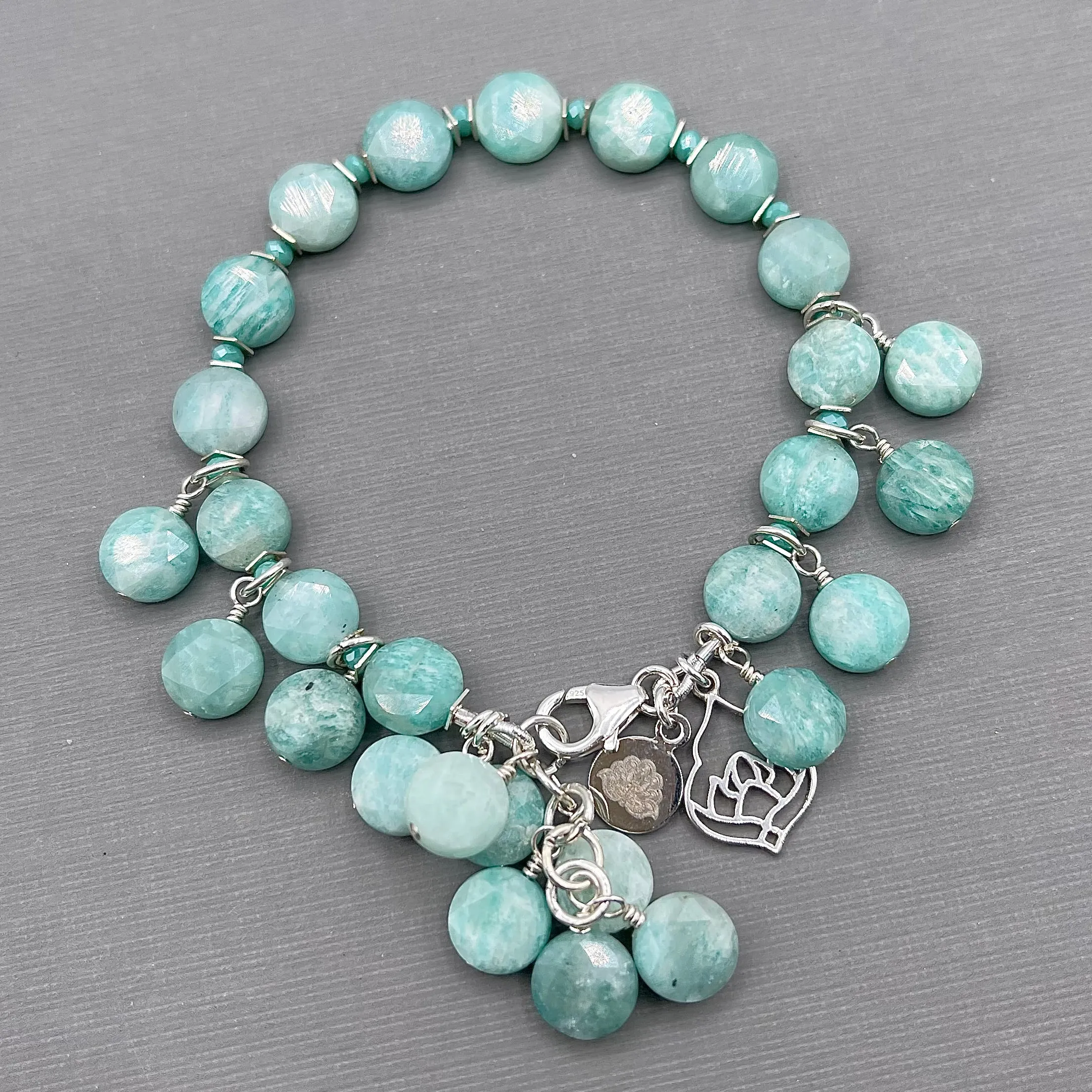 Brazilian Amazonite Lotus Flower Charm Bracelet