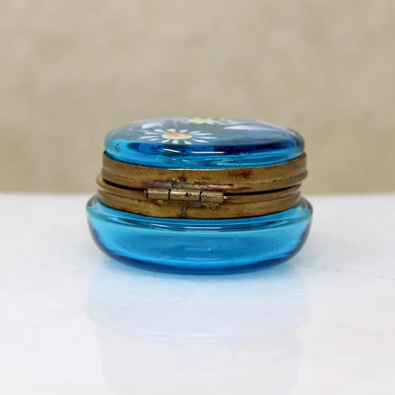 Bright Blue Bohemian Glass Patch Box with Daisies