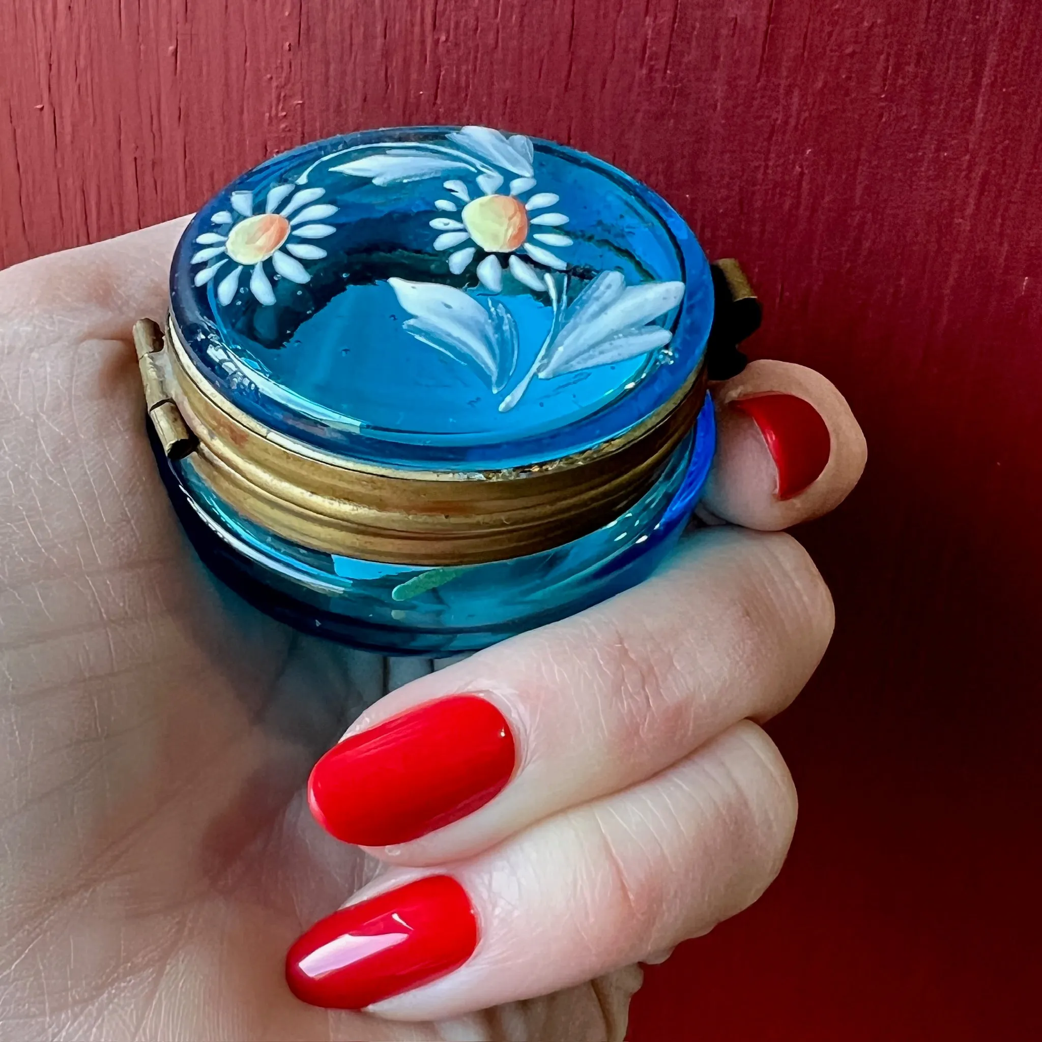 Bright Blue Bohemian Glass Patch Box with Daisies