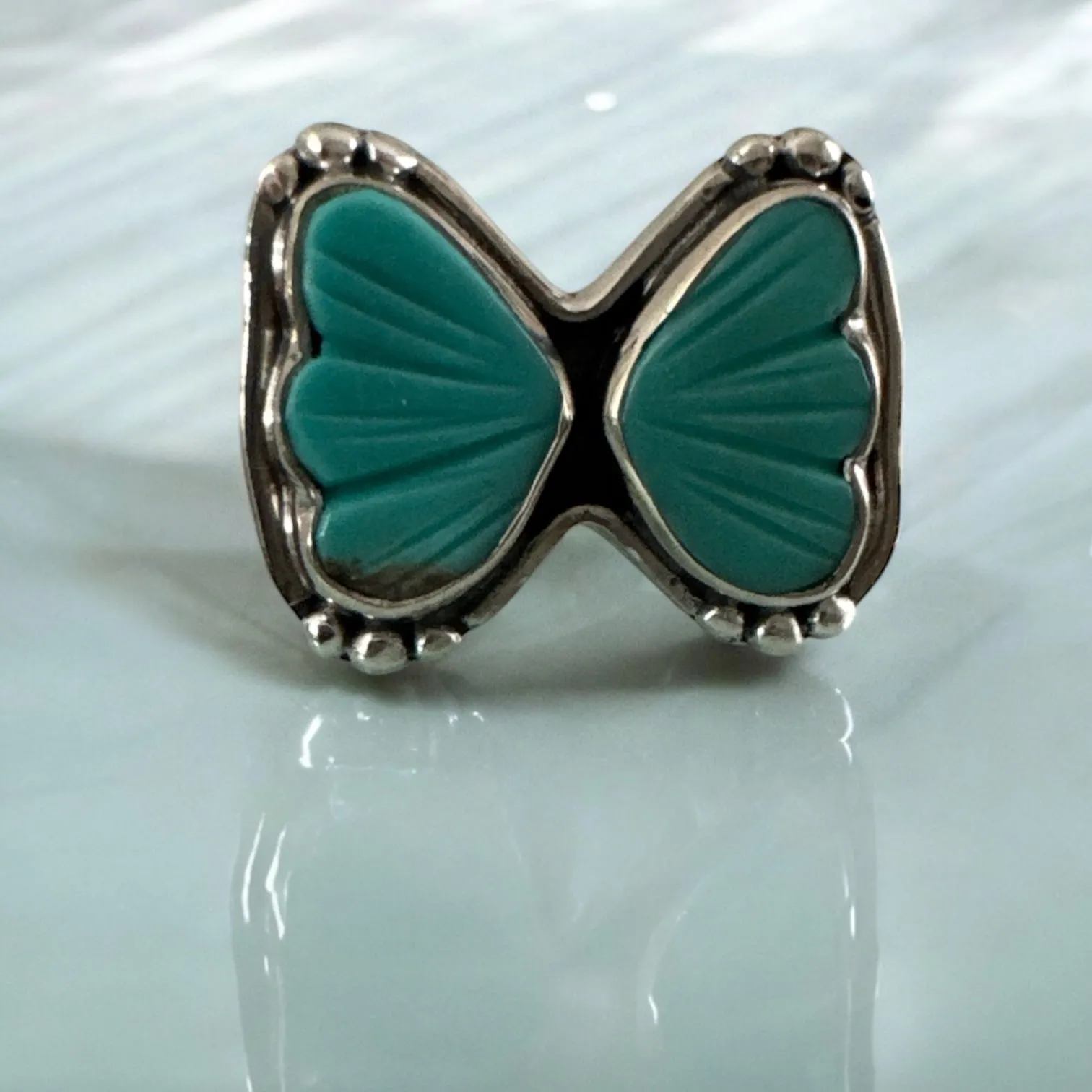 Butterfly Carved Tibetan Turquoise Solid 925 Sterling Silver Ring 6