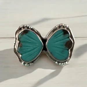 Butterfly Carved Tibetan Turquoise Solid 925 Sterling Silver Ring 9