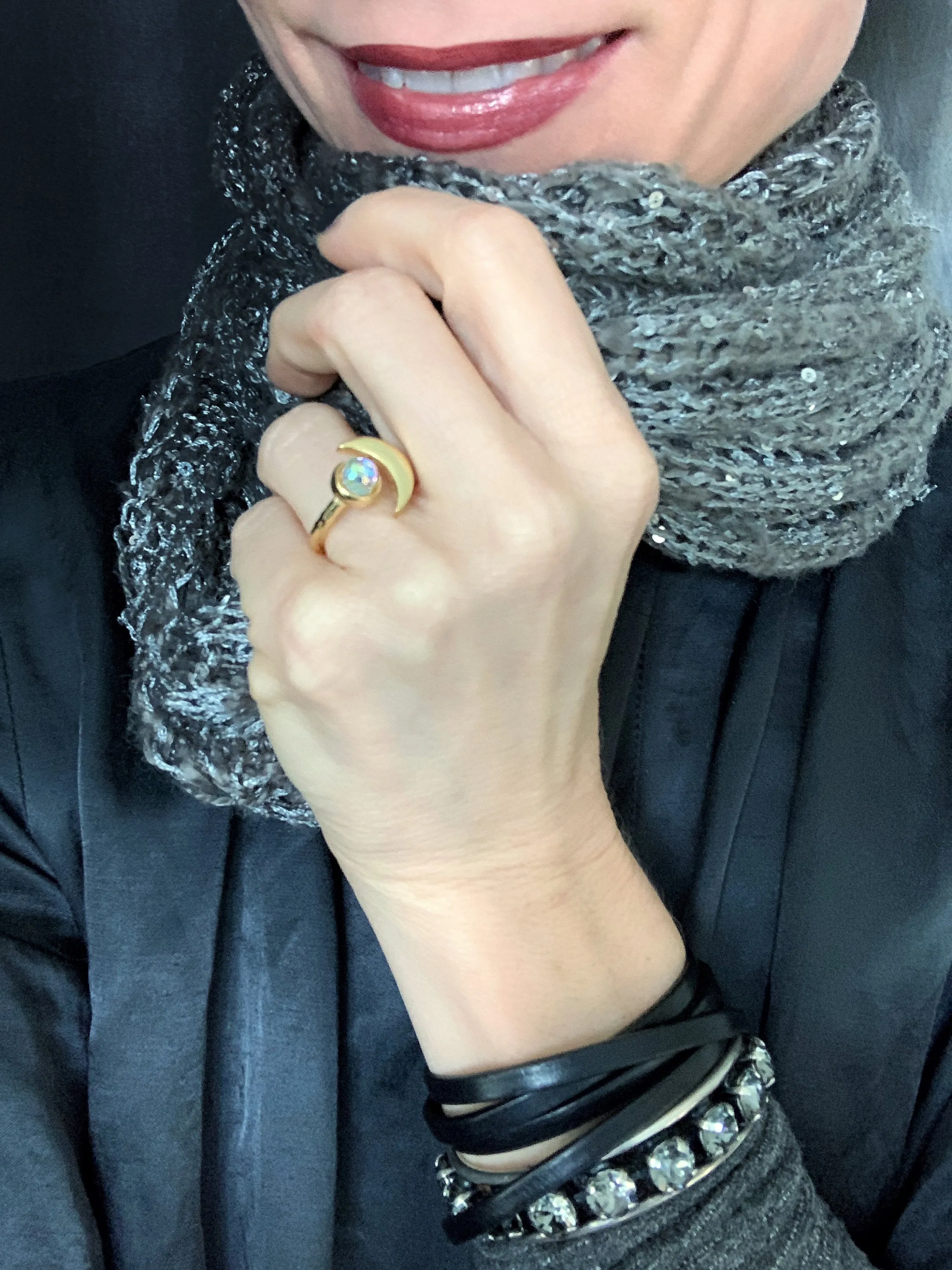 CELESTIAL - Gold Crescent Moon Ring with Vintage AB Crystal