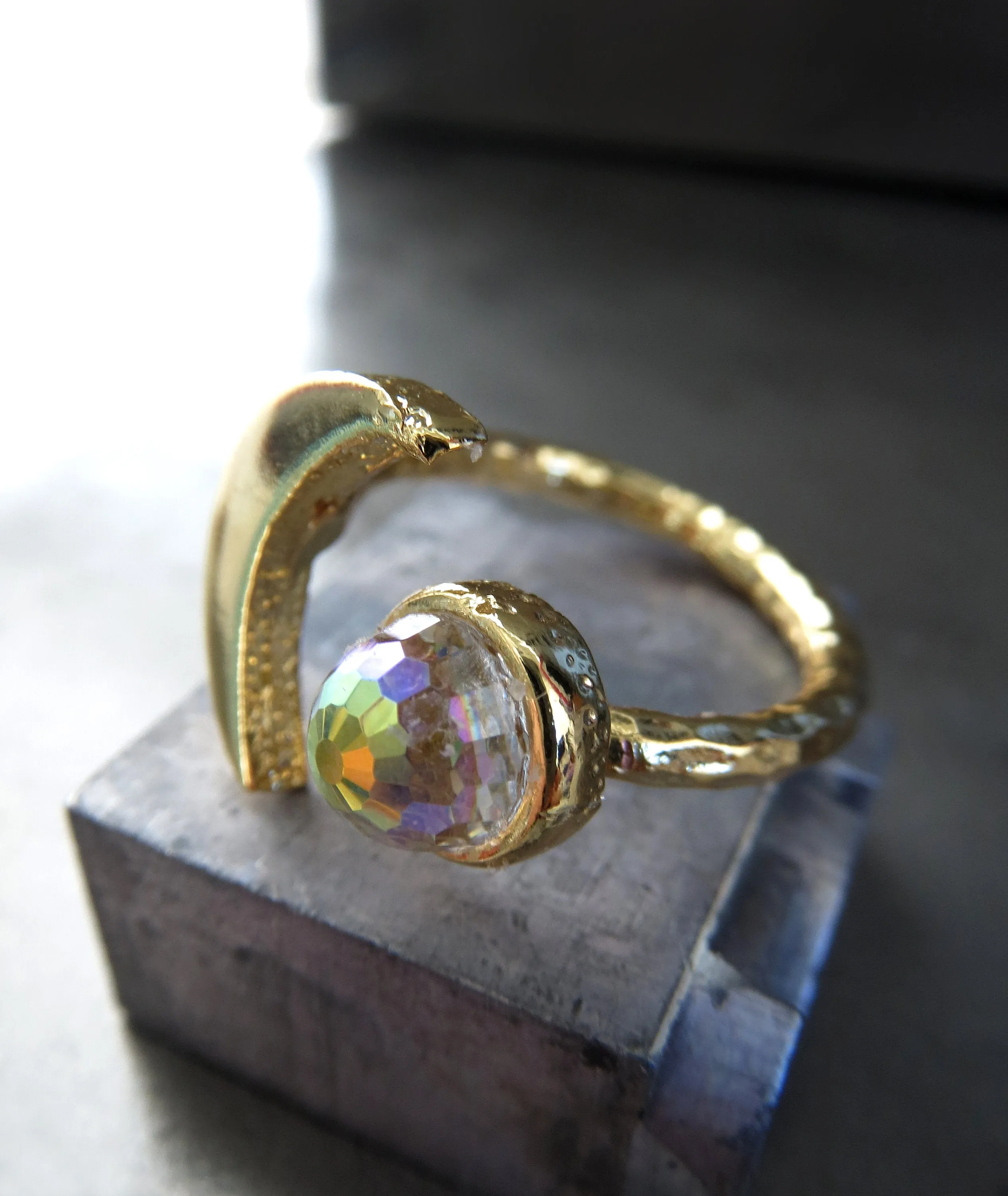 CELESTIAL - Gold Crescent Moon Ring with Vintage AB Crystal