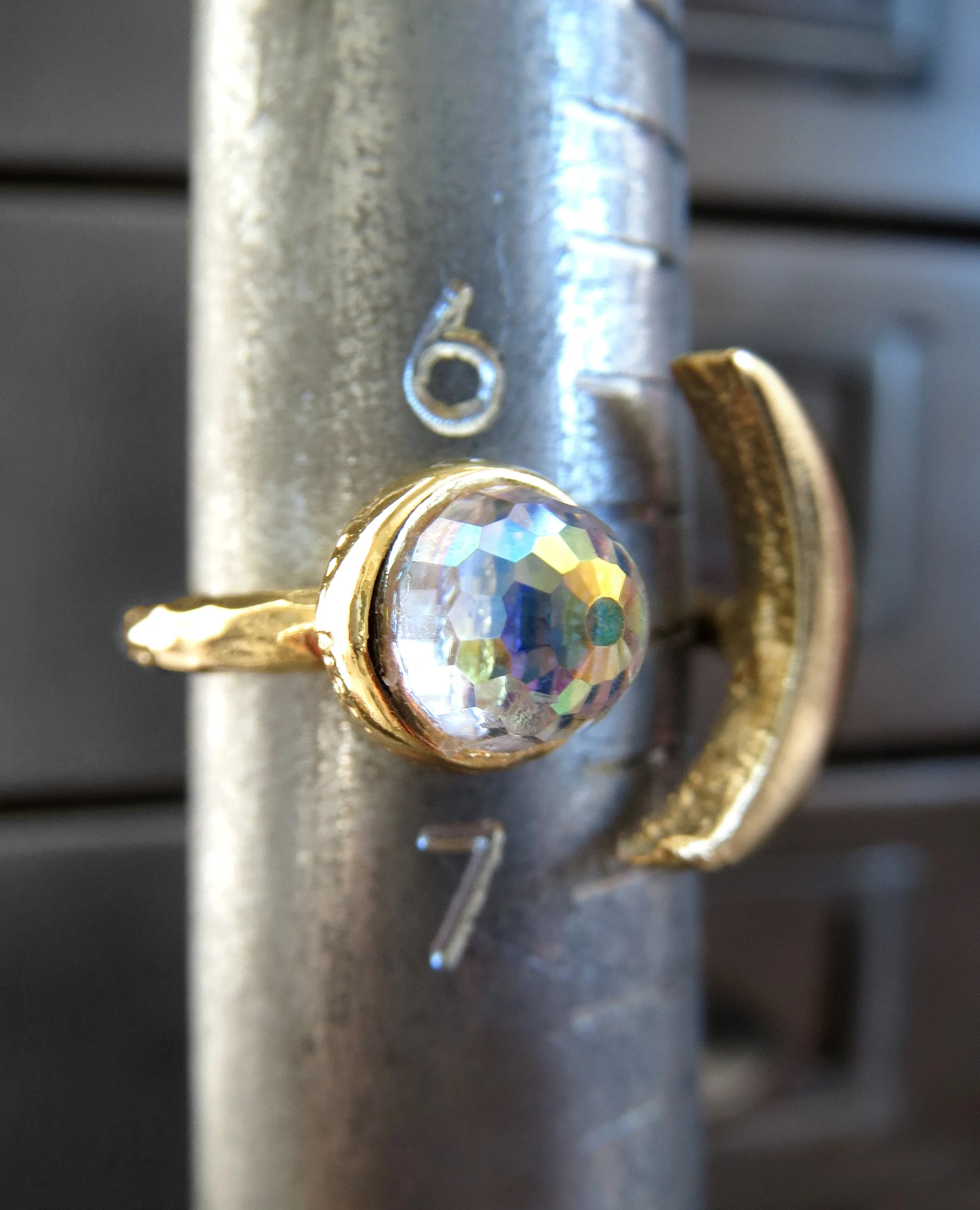 CELESTIAL - Gold Crescent Moon Ring with Vintage AB Crystal