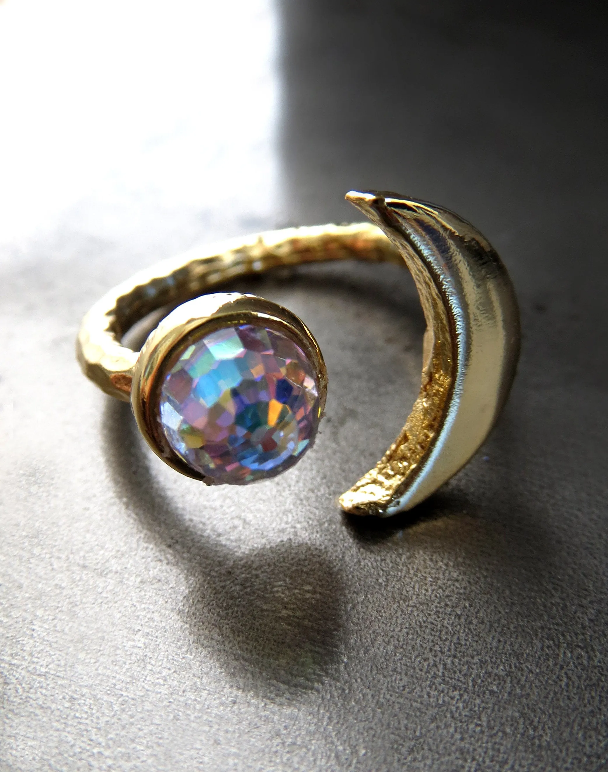 CELESTIAL - Gold Crescent Moon Ring with Vintage AB Crystal