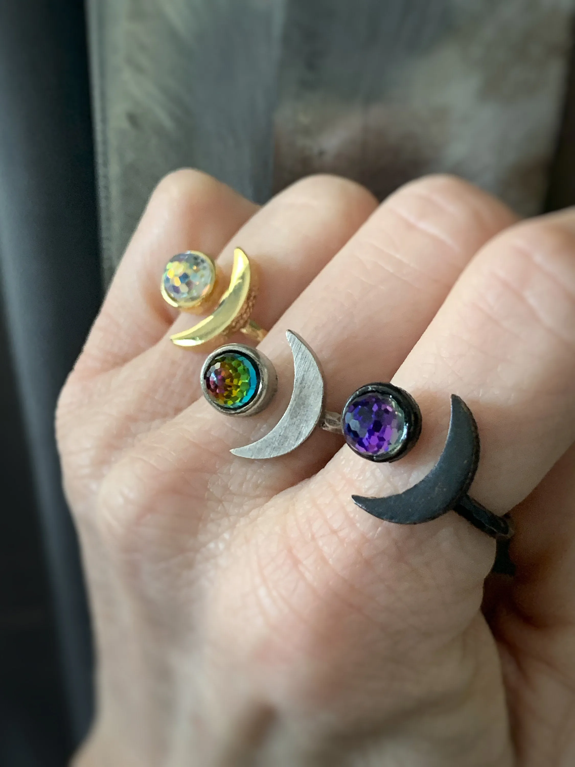 CELESTIAL - Gold Crescent Moon Ring with Vintage AB Crystal