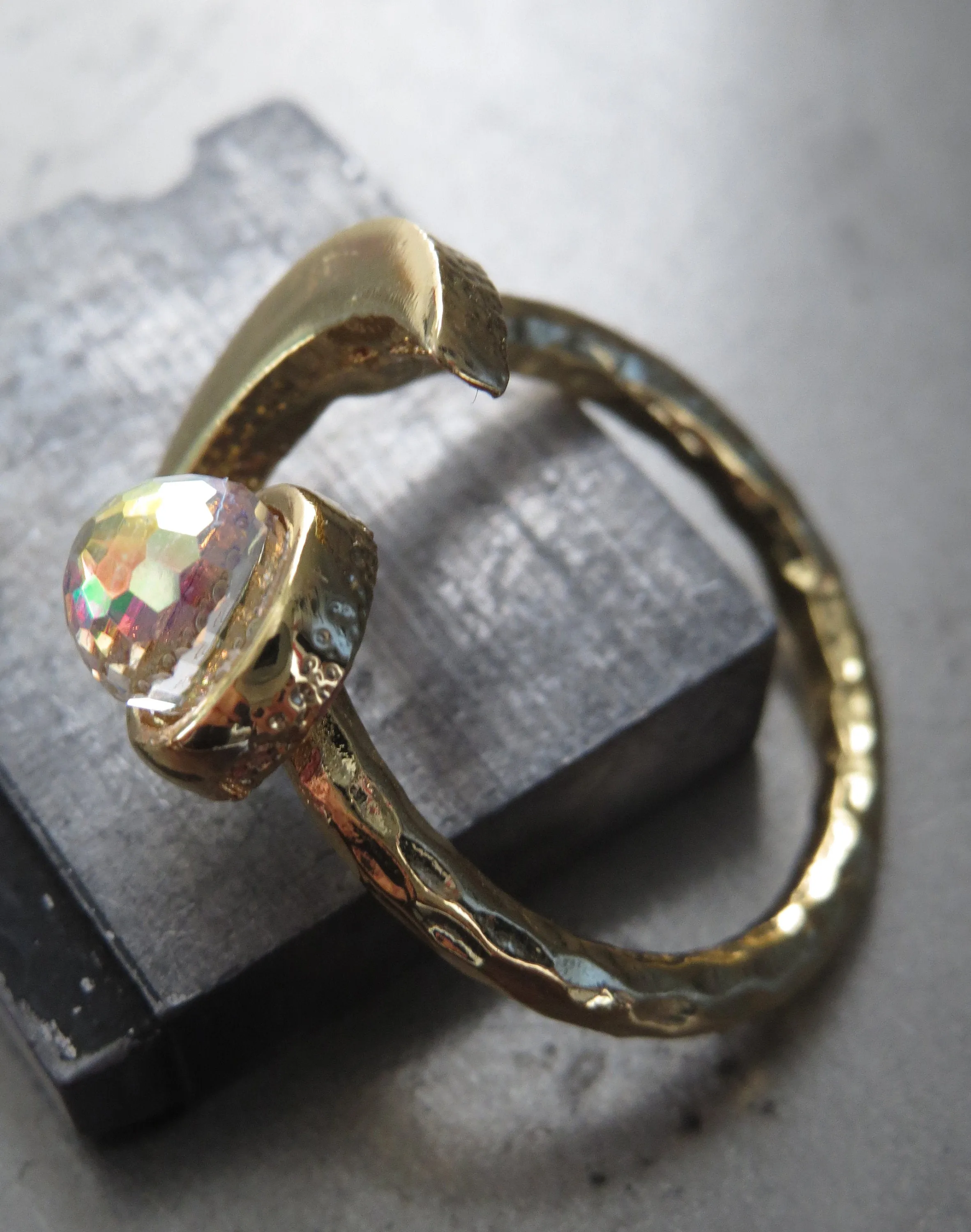 CELESTIAL - Gold Crescent Moon Ring with Vintage AB Crystal