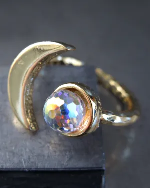 CELESTIAL - Gold Crescent Moon Ring with Vintage AB Crystal