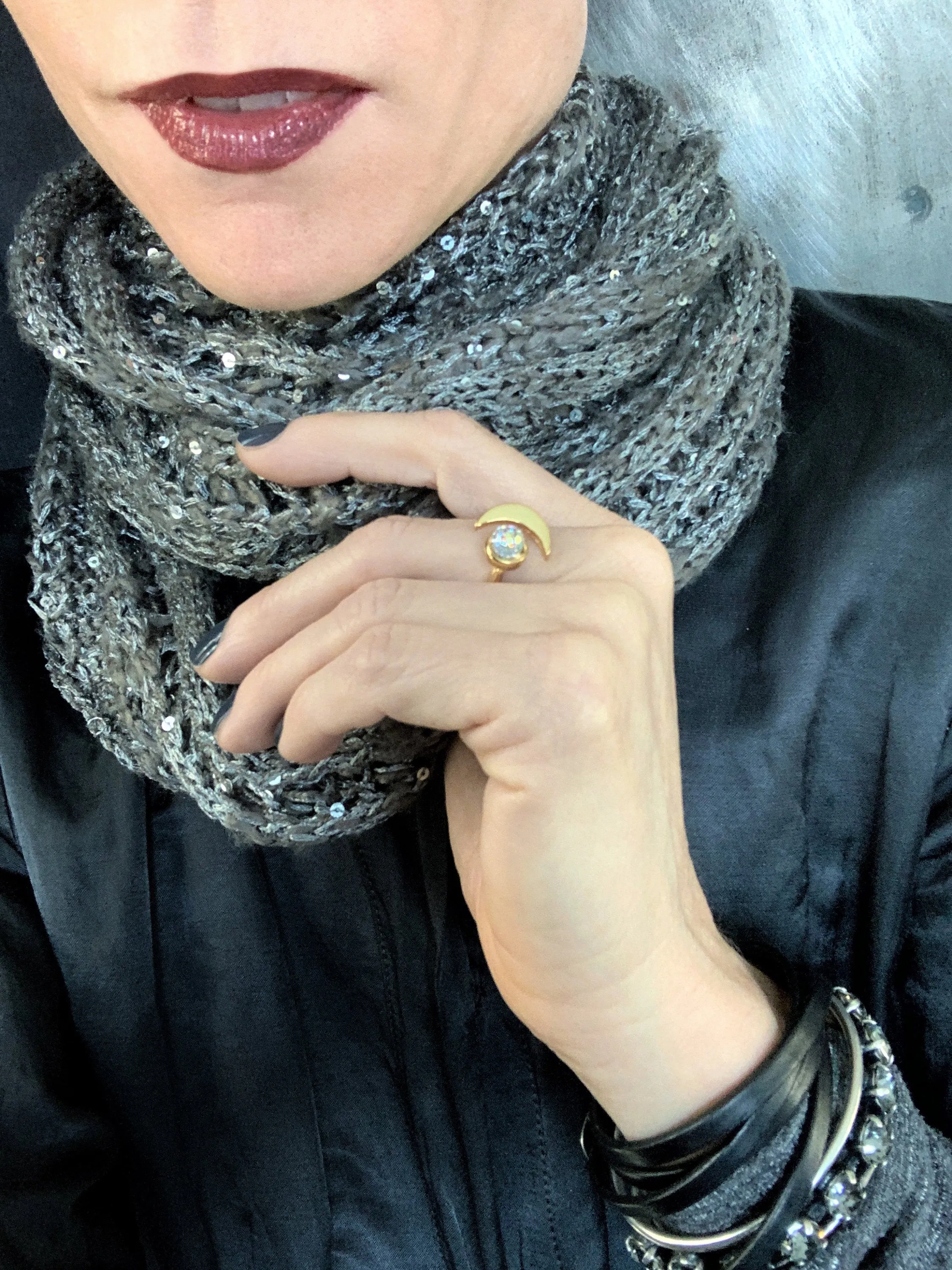 CELESTIAL - Gold Crescent Moon Ring with Vintage AB Crystal
