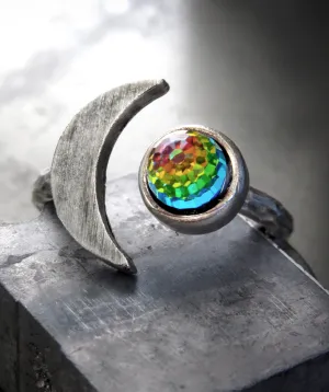 CELESTIAL - Silver Crescent Moon Ring with Vintage Rainbow  Crystal