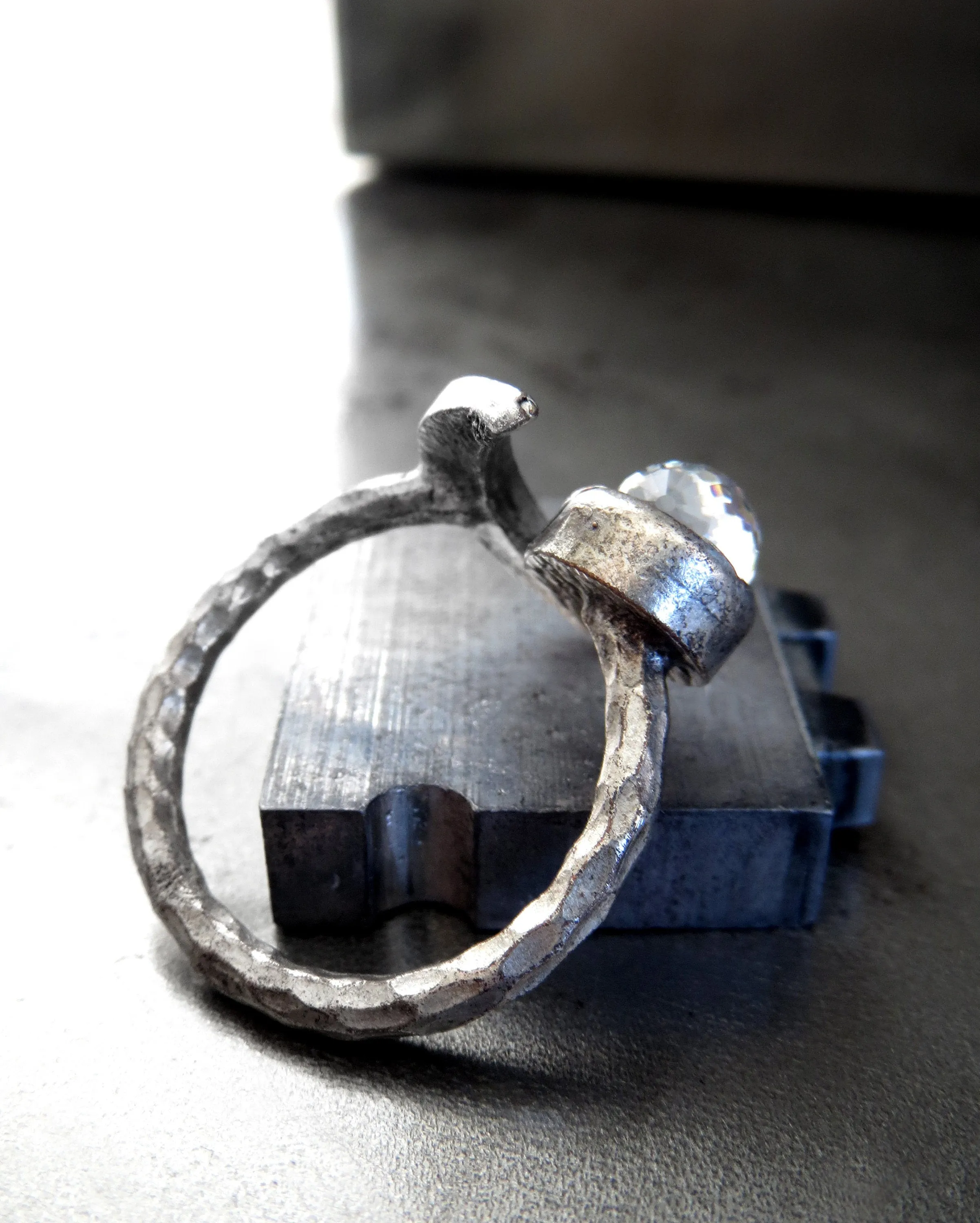 CELESTIAL - Silver Crescent Moon Ring with Vintage Rainbow  Crystal