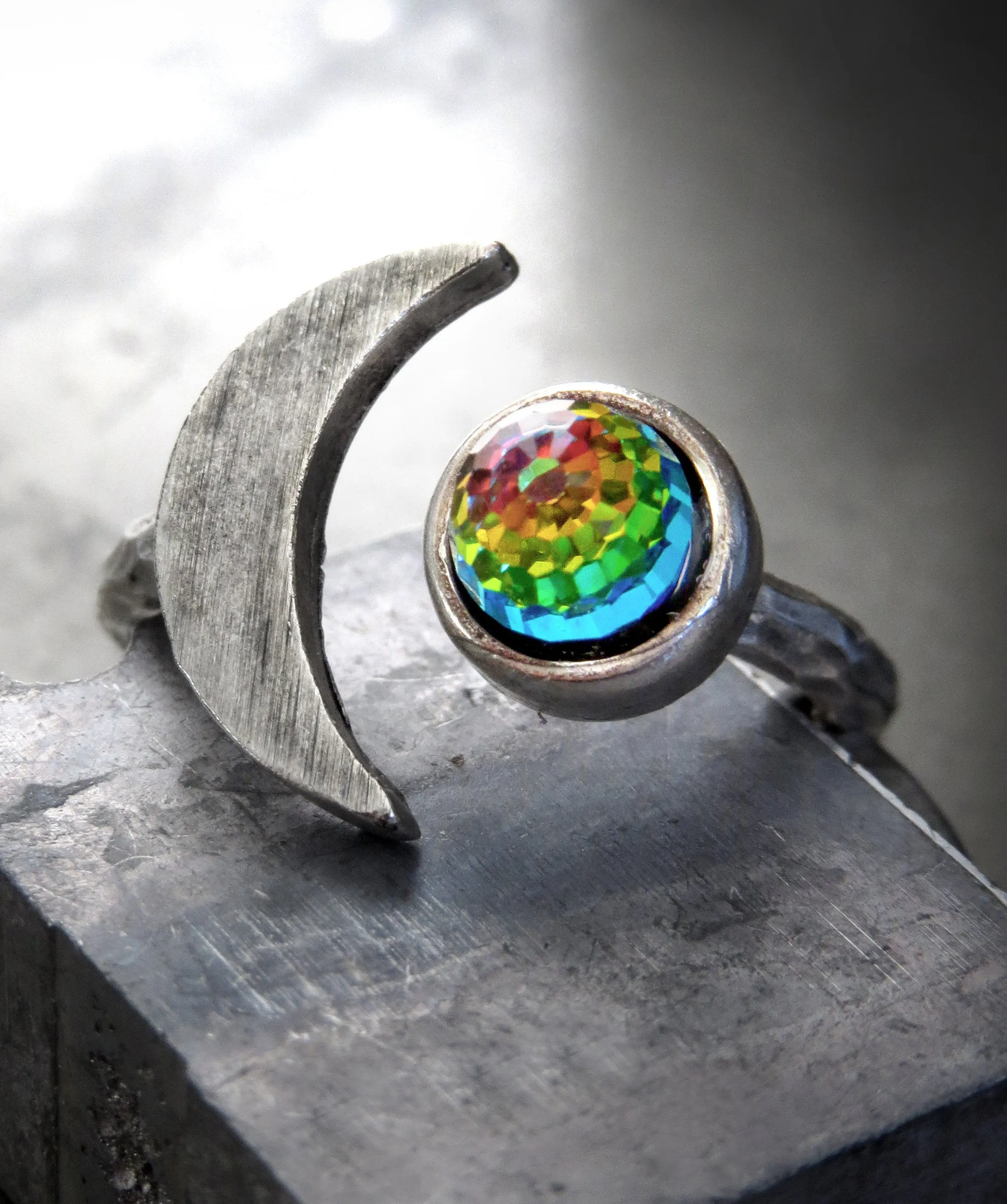 CELESTIAL - Silver Crescent Moon Ring with Vintage Rainbow  Crystal