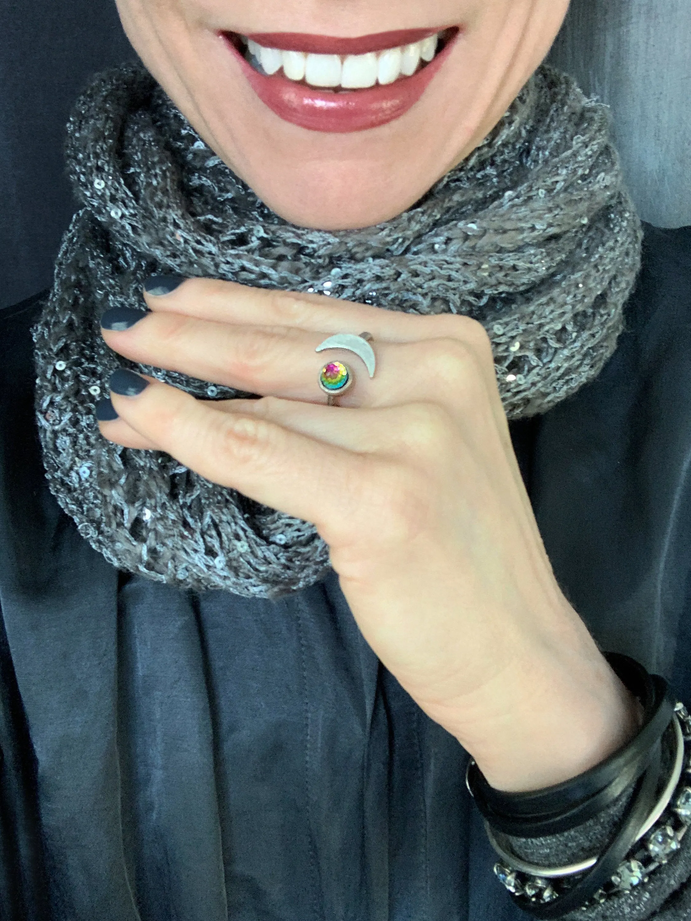 CELESTIAL - Silver Crescent Moon Ring with Vintage Rainbow  Crystal
