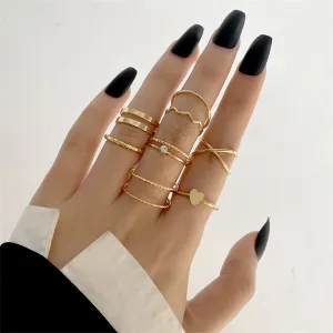 Cubic Zirconia & 18K Gold-Plated Heart Wave Band Ring Set