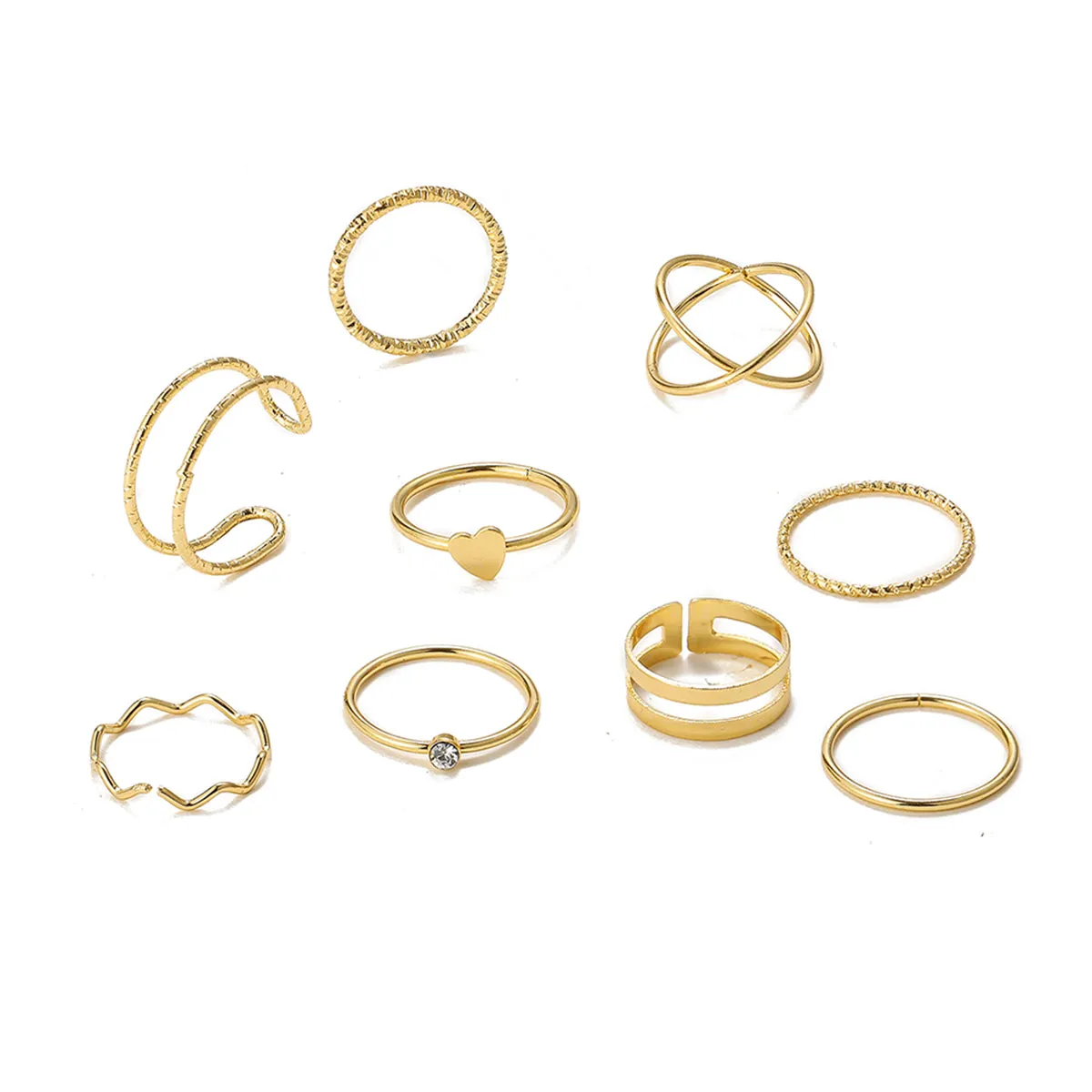Cubic Zirconia & 18K Gold-Plated Heart Wave Band Ring Set