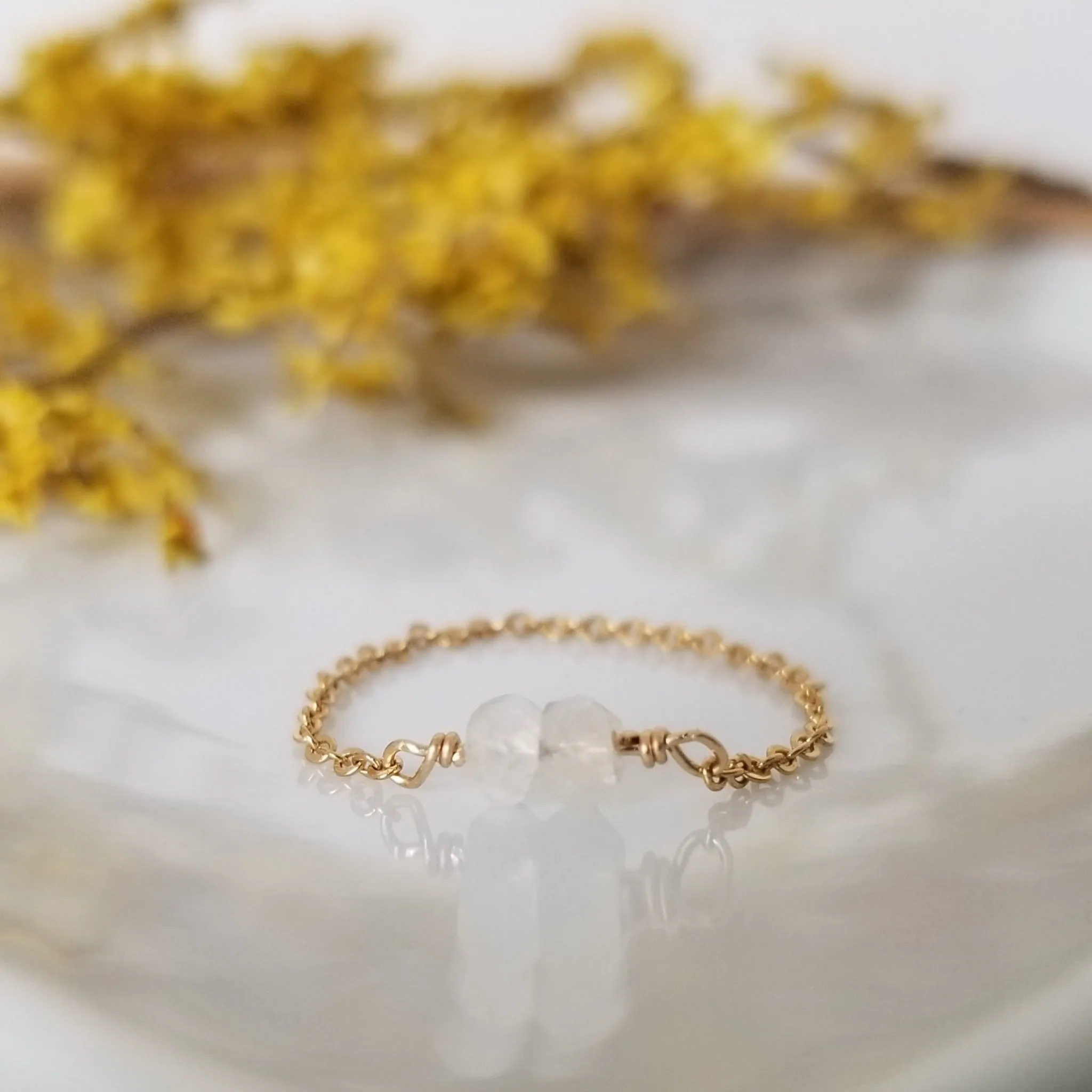 Dainty Natural Stone Chain Ring - Sterling, Gold or Rose Gold