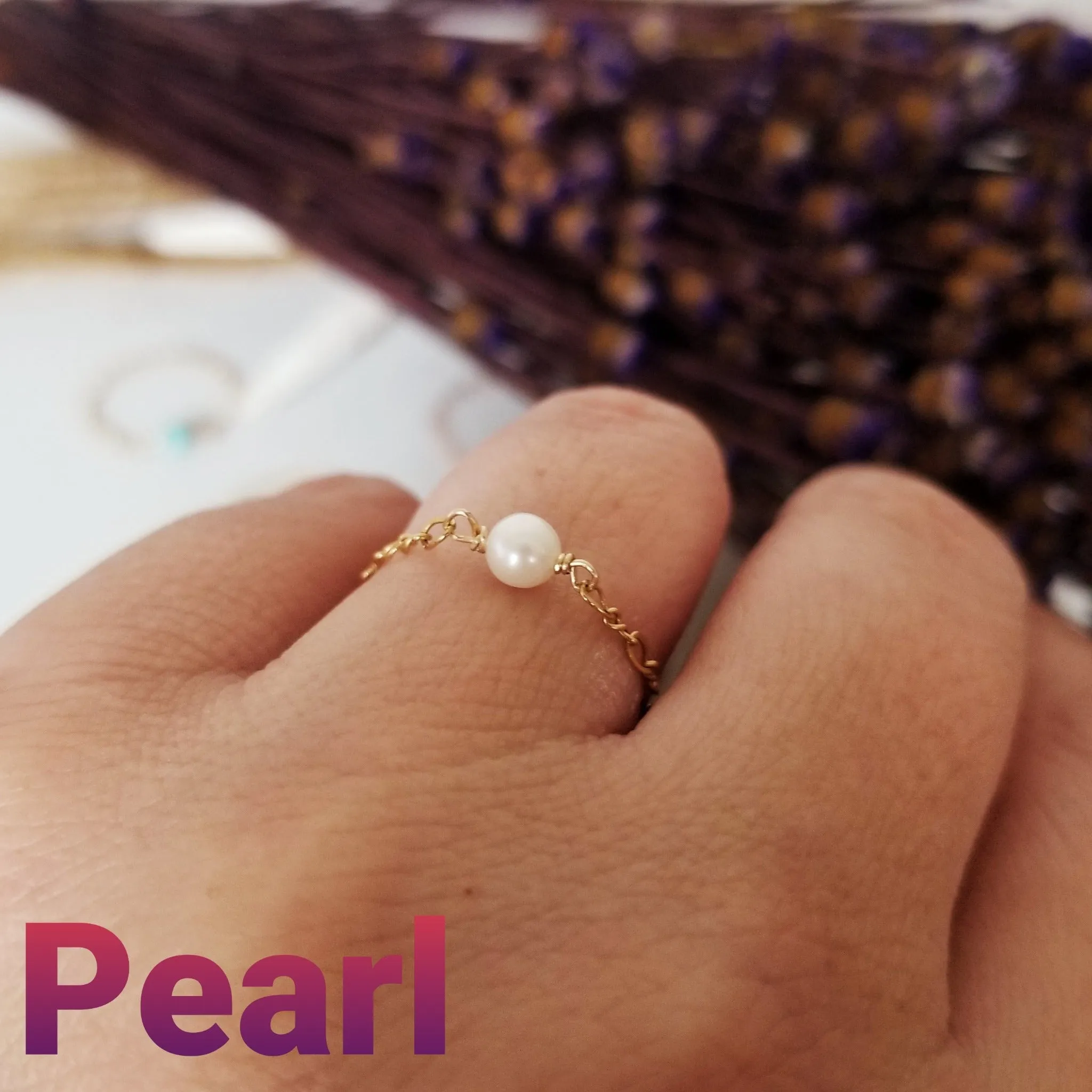 Dainty Natural Stone Chain Ring - Sterling, Gold or Rose Gold