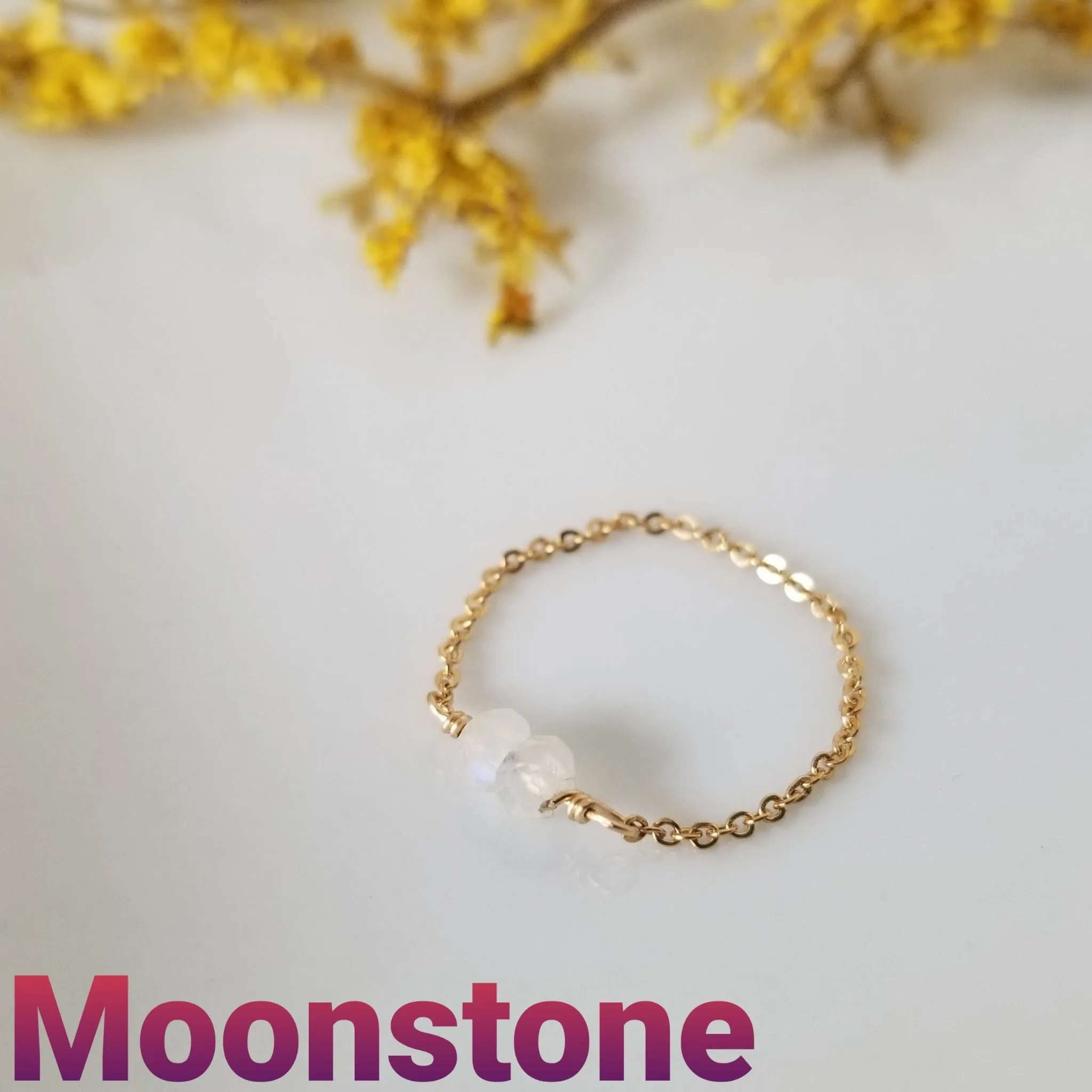 Dainty Natural Stone Chain Ring - Sterling, Gold or Rose Gold