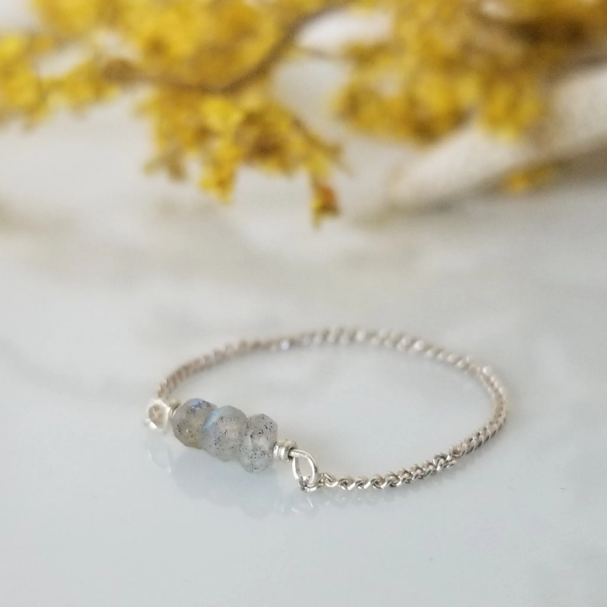 Dainty Natural Stone Chain Ring - Sterling, Gold or Rose Gold