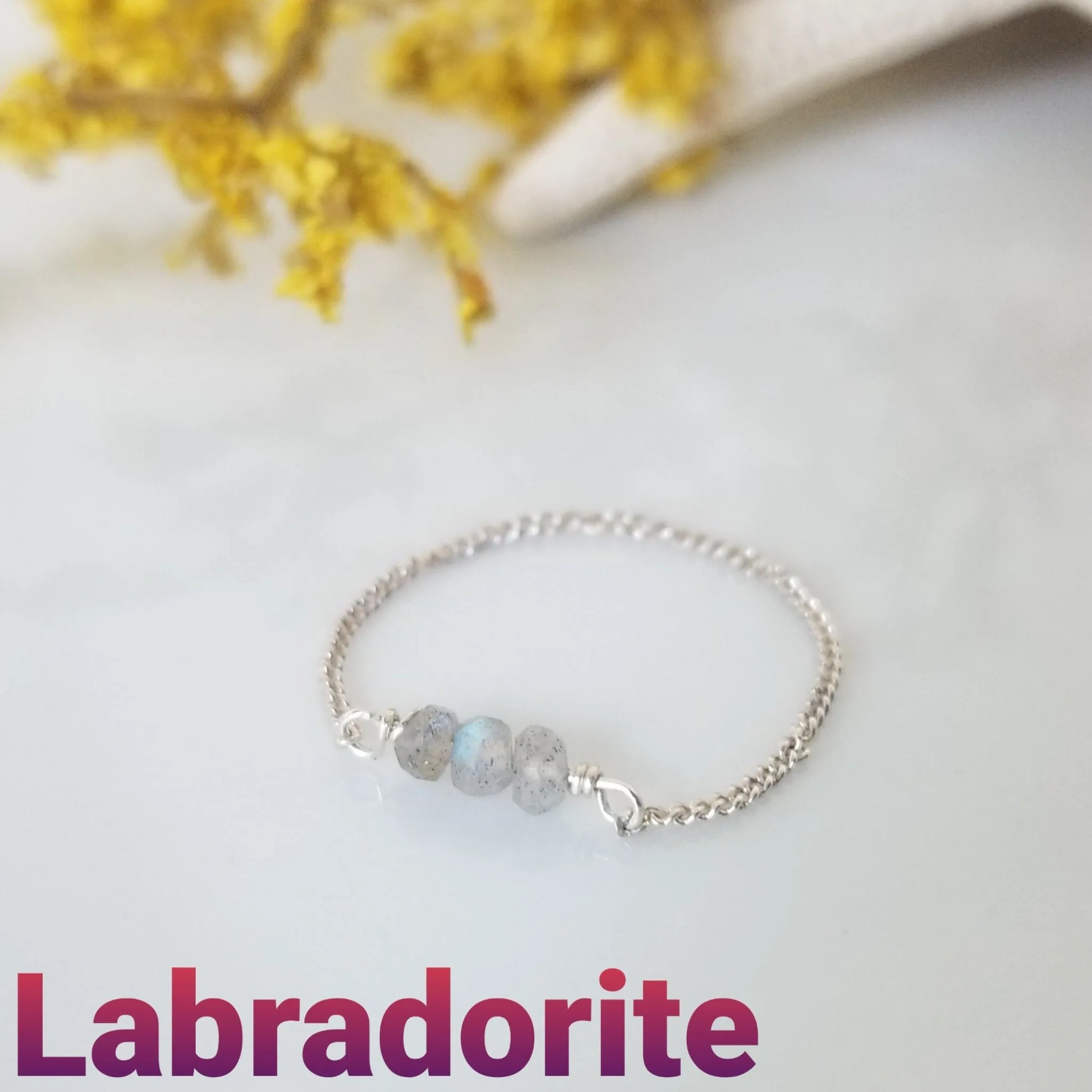 Dainty Natural Stone Chain Ring - Sterling, Gold or Rose Gold