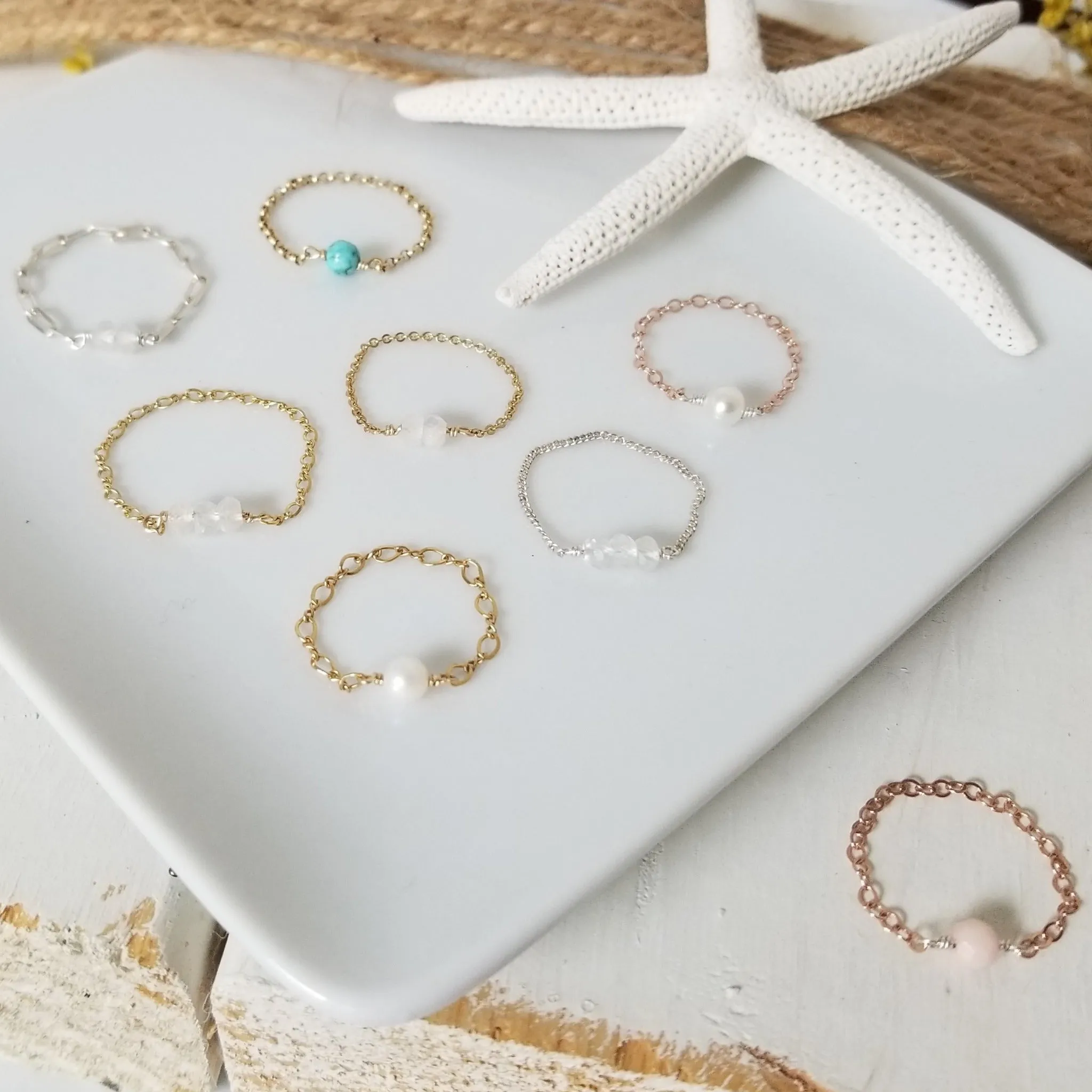 Dainty Natural Stone Chain Ring - Sterling, Gold or Rose Gold