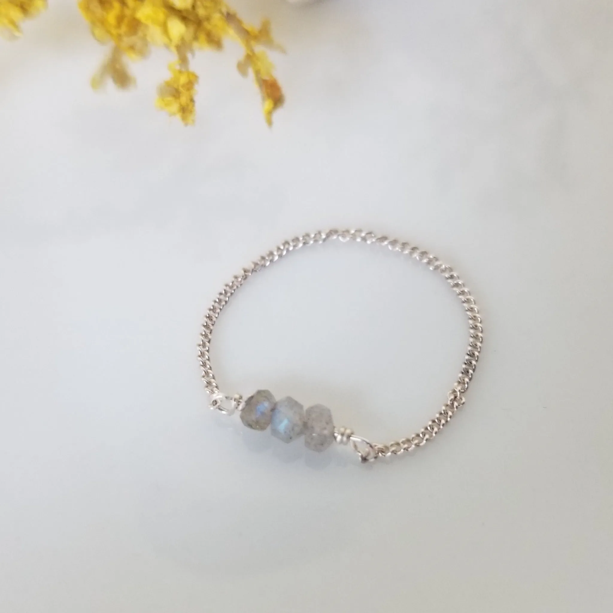 Dainty Natural Stone Chain Ring - Sterling, Gold or Rose Gold