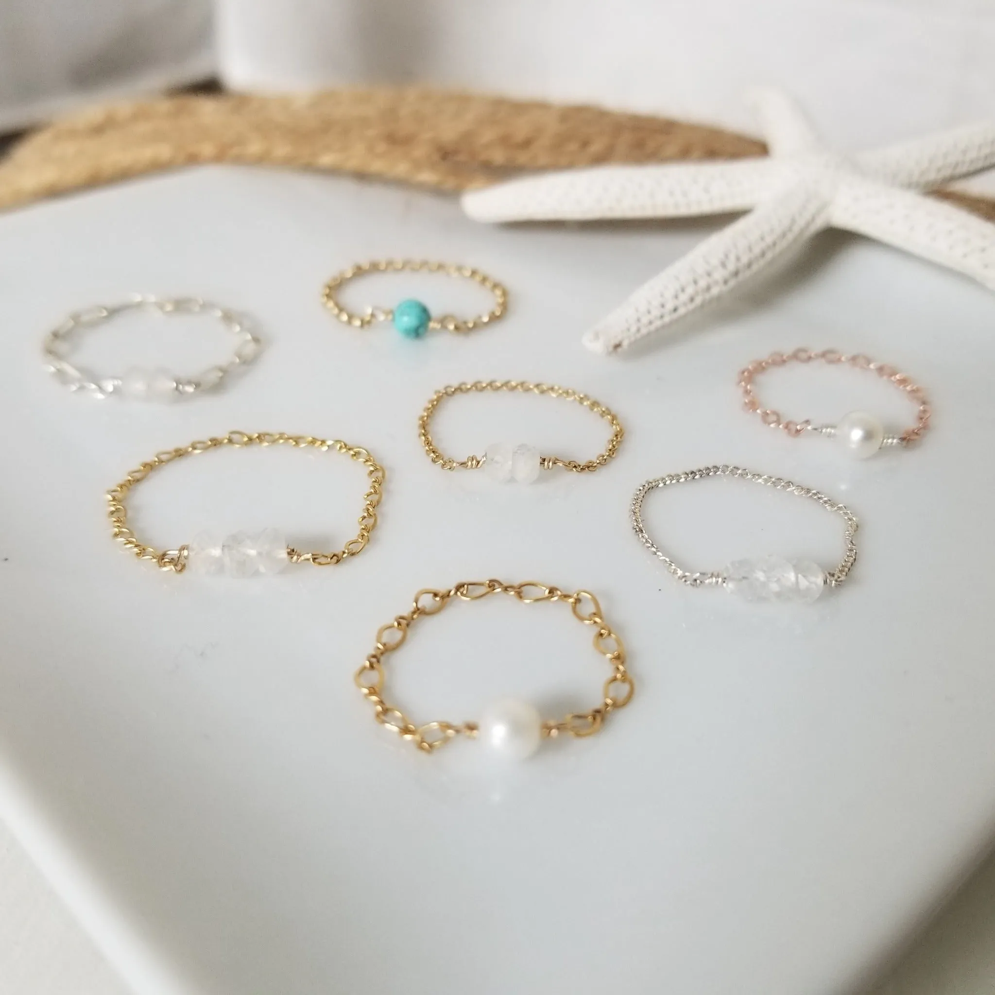 Dainty Natural Stone Chain Ring - Sterling, Gold or Rose Gold