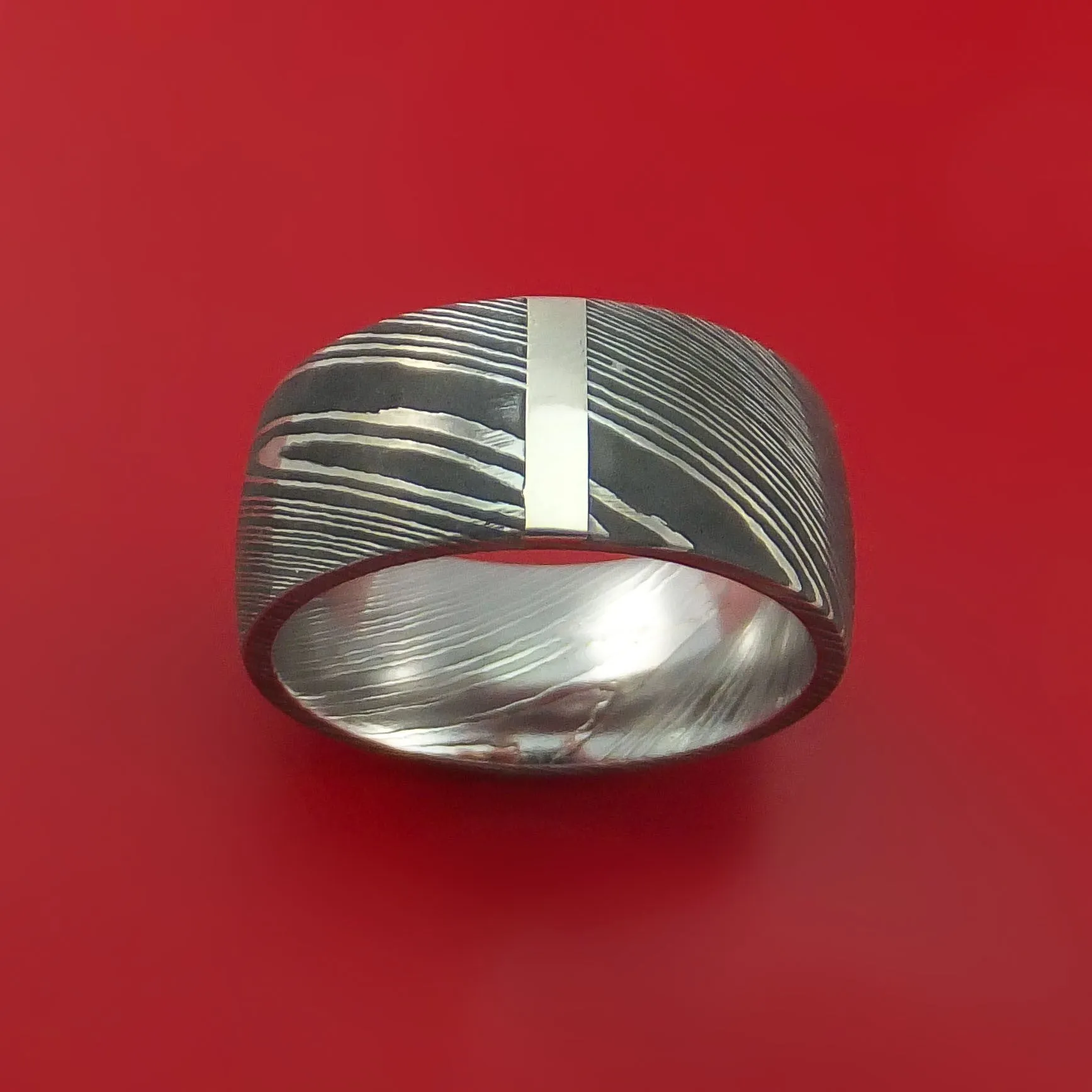 Damascus Steel 14K White Gold Vertical Inlay Ring Wedding Band Custom Made