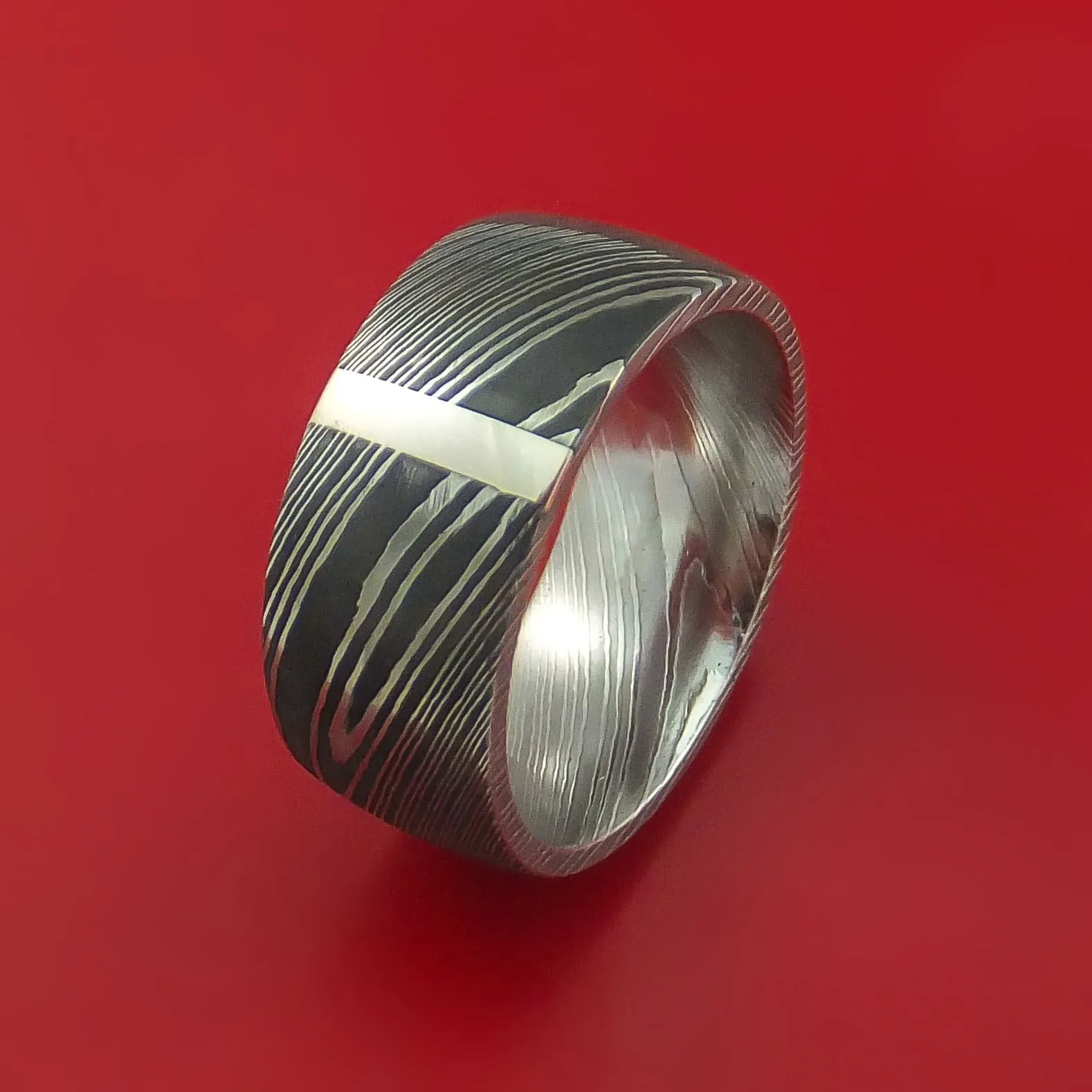 Damascus Steel 14K White Gold Vertical Inlay Ring Wedding Band Custom Made