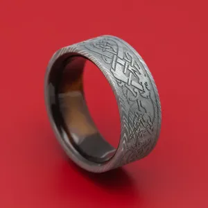 Damascus Steel Celtic Dragon Ring with Wood Sleeve