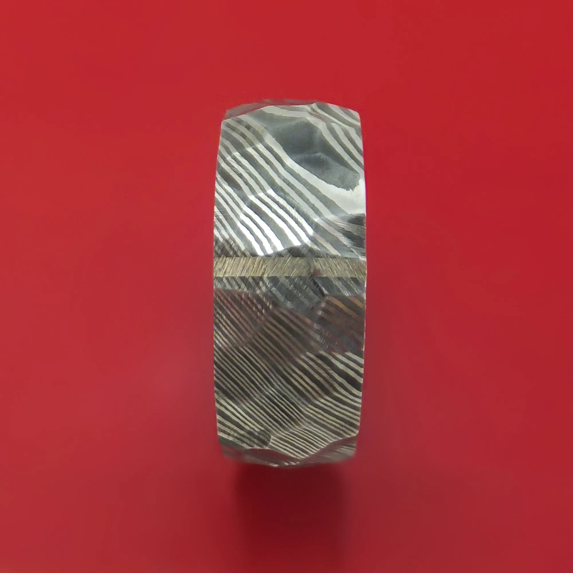 Damascus Steel Hammered Ring with Vertical 14K Gold Inlay and Forged Carbon Fiber Sleeve Custom Made