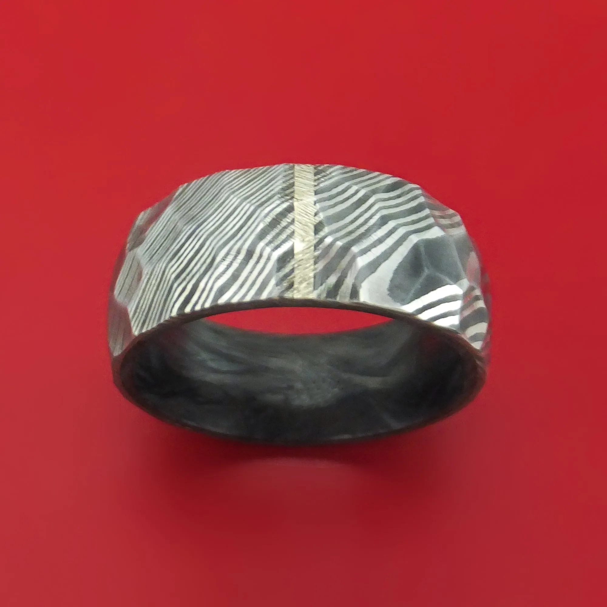 Damascus Steel Hammered Ring with Vertical 14K Gold Inlay and Forged Carbon Fiber Sleeve Custom Made