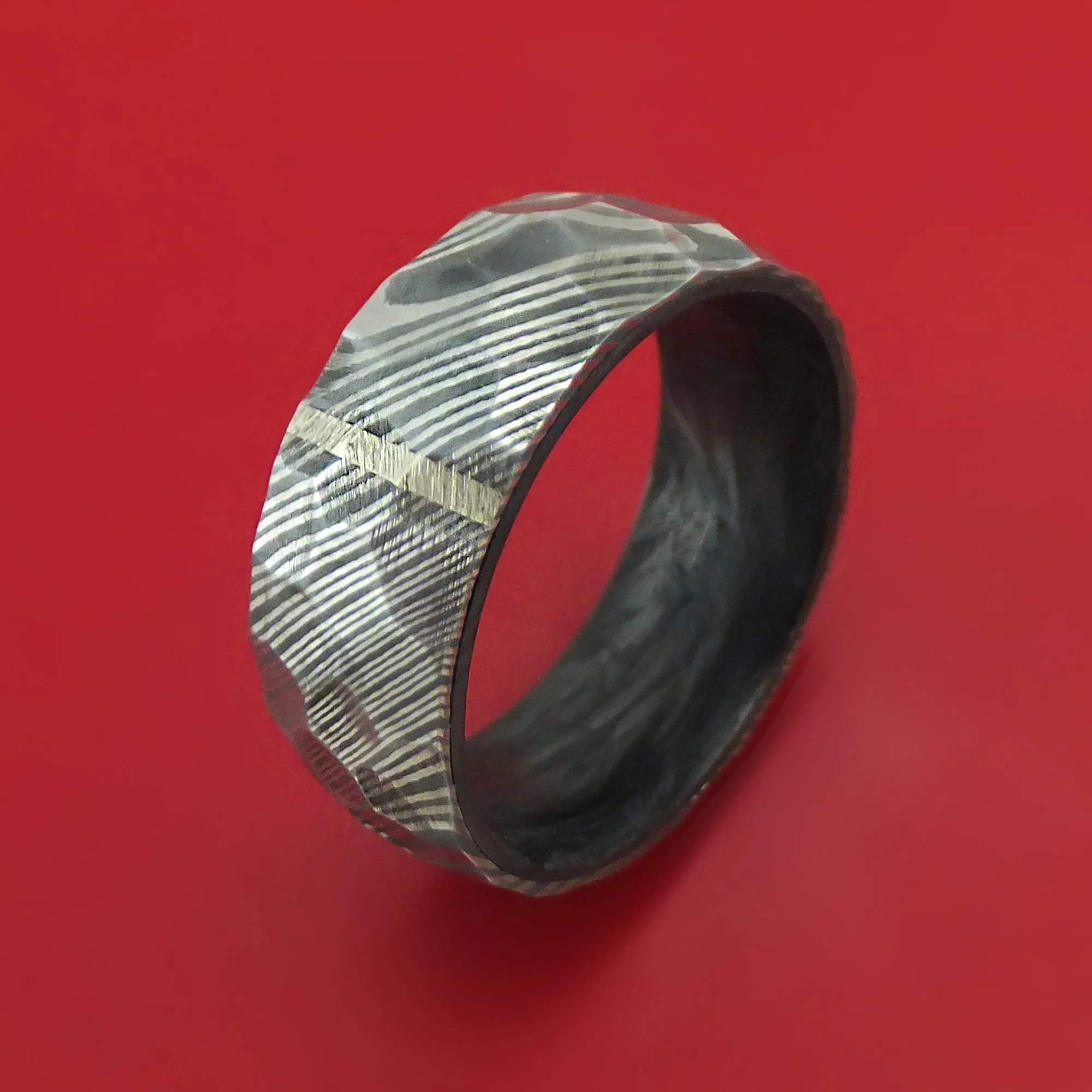 Damascus Steel Hammered Ring with Vertical 14K Gold Inlay and Forged Carbon Fiber Sleeve Custom Made