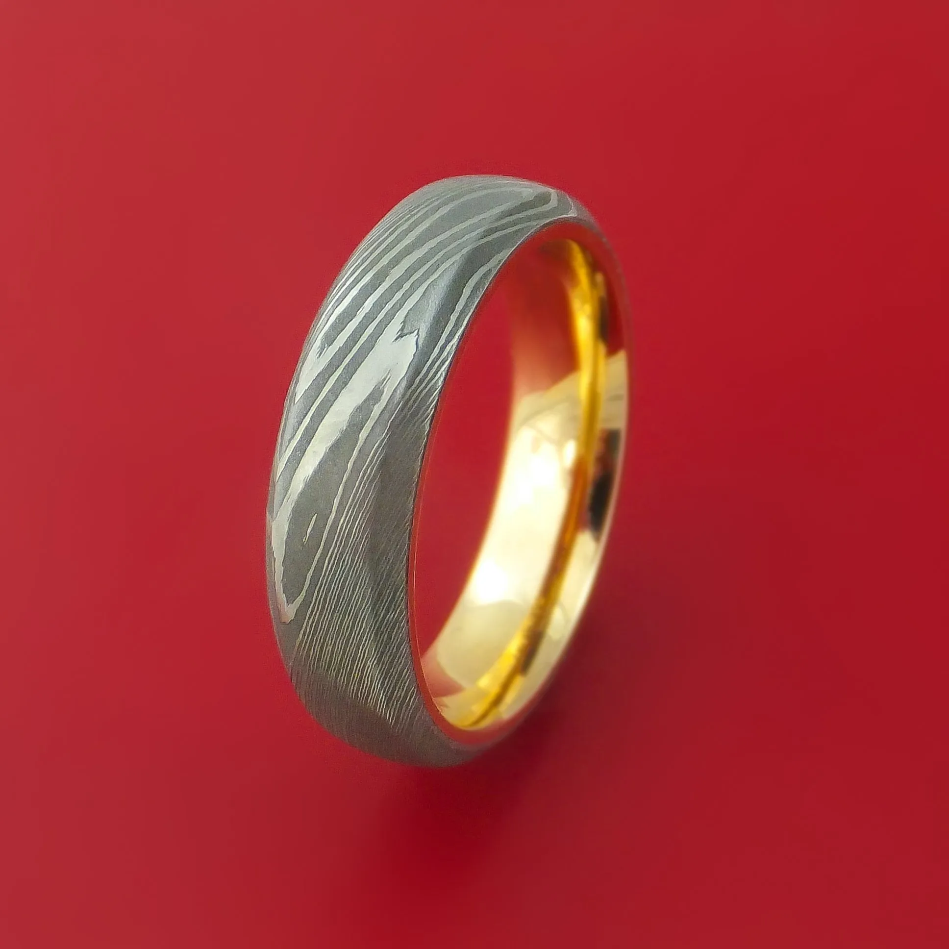 Damascus Steel Ring with 14k Yellow Gold Sleeve Custom Made Band