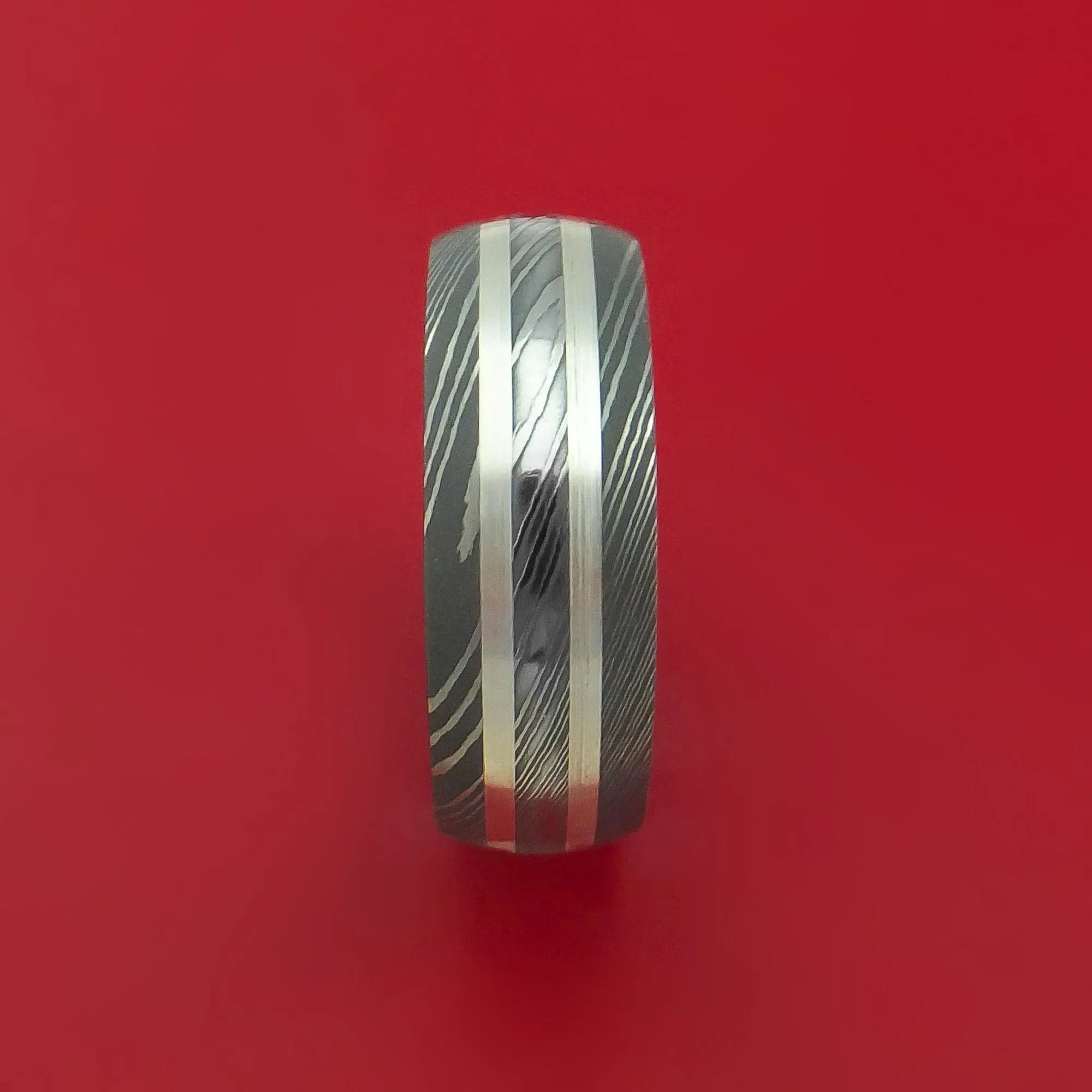 Damascus Steel Ring with Silver Inlays and Koa Hard Wood Sleeve