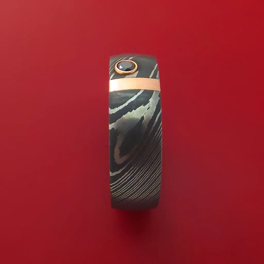Damascus Steel with 14K Rose Gold and Black Diamond Custom Made Band