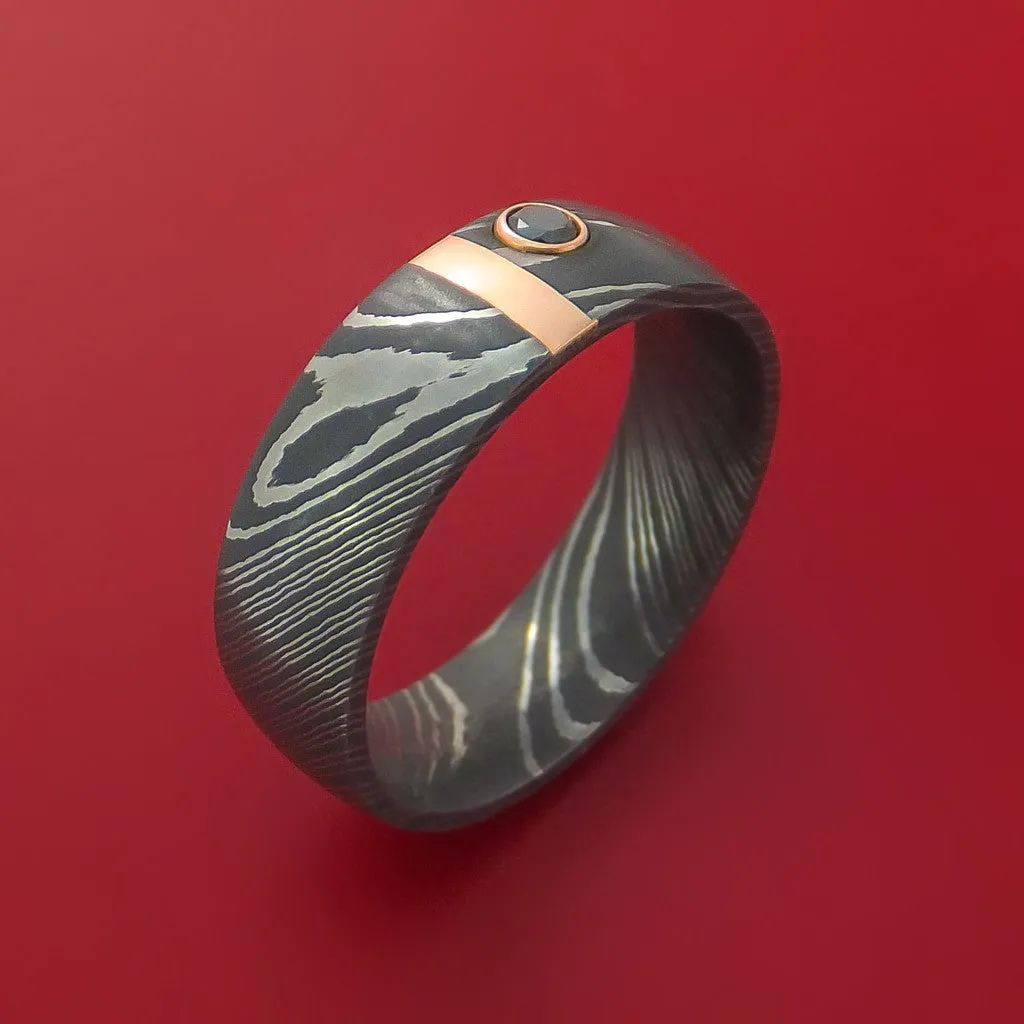 Damascus Steel with 14K Rose Gold and Black Diamond Custom Made Band
