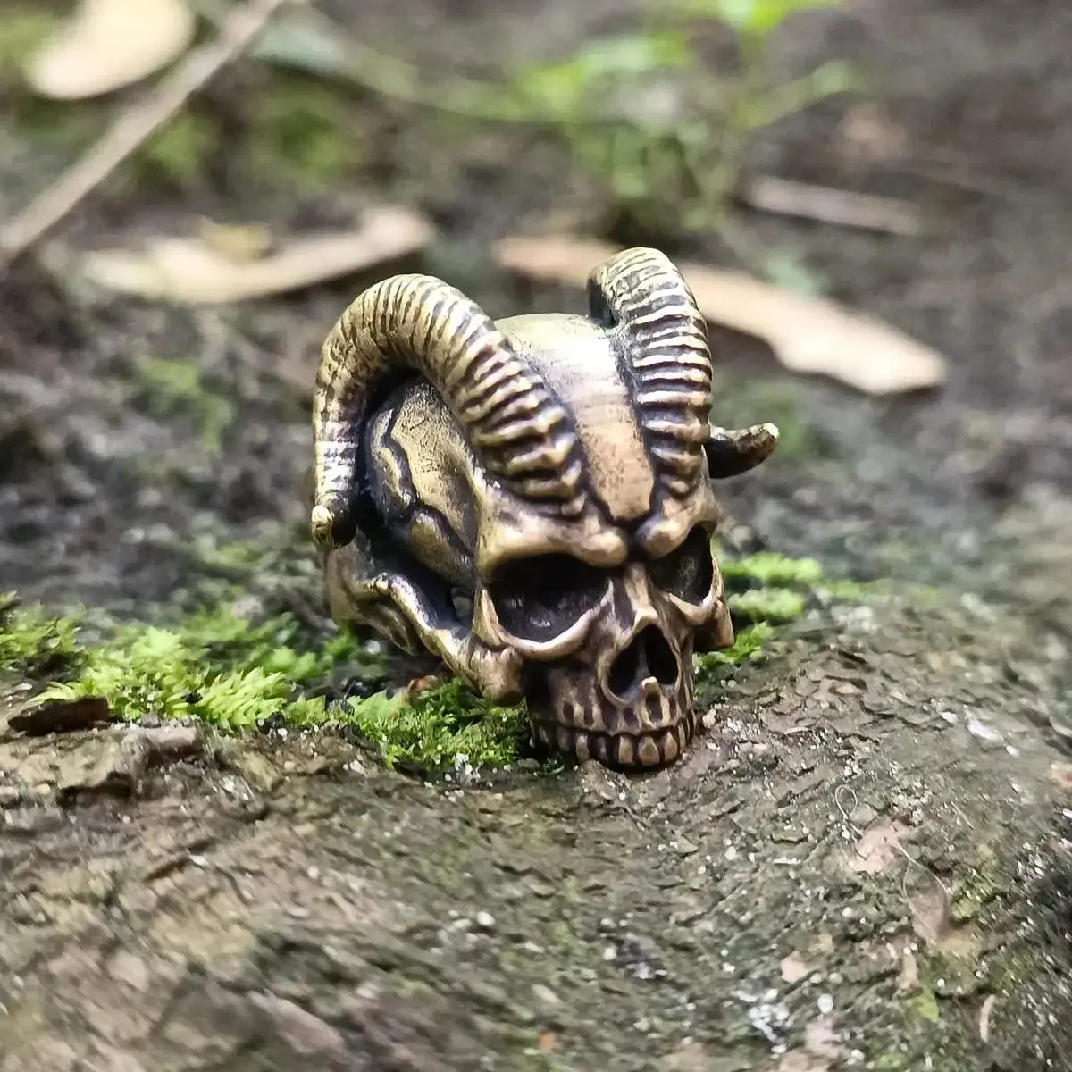 Demon horns skull ring from bronze
