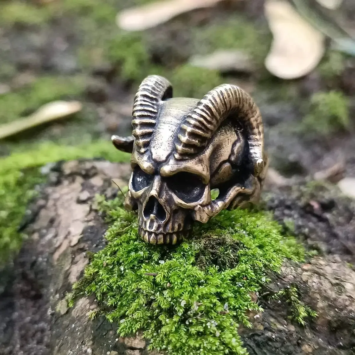 Demon horns skull ring from bronze