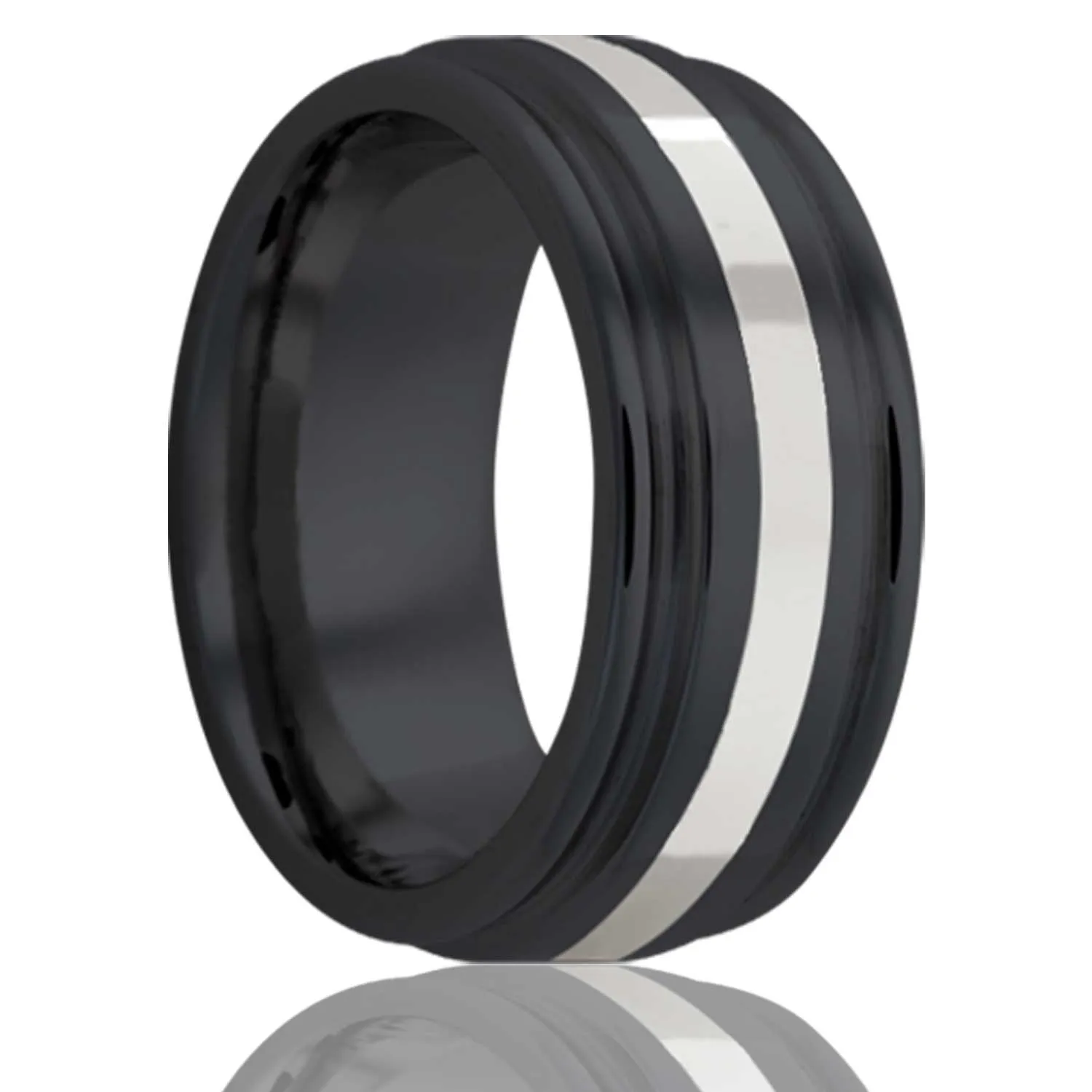 Double Grooved Edge Platinum Inlay Black Zirconium Ring