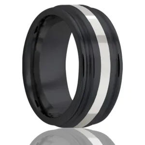 Double Grooved Edge Platinum Inlay Black Zirconium Ring