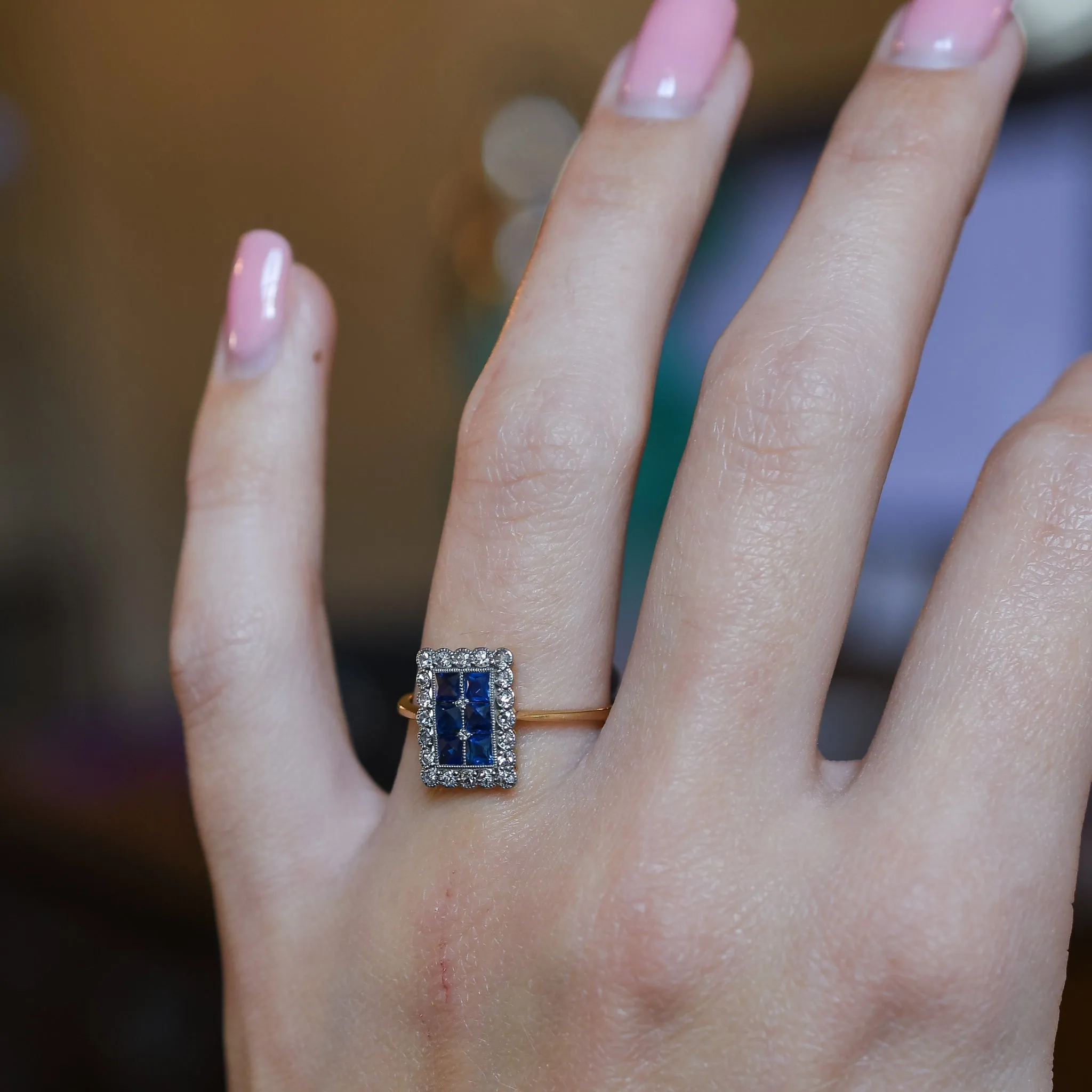 Edwardian Sapphire & Diamond "Picture Frame" Ring
