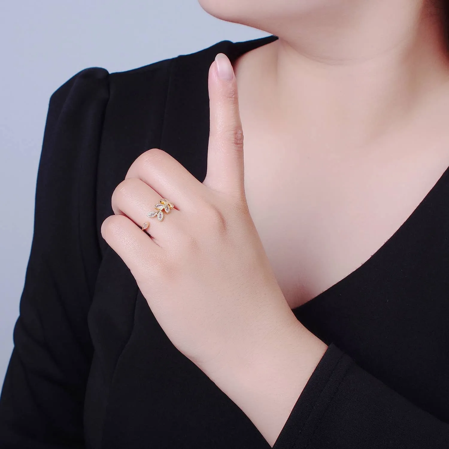 Elegant Clear CZ Vine Rosemary Gold Nature Themed Ring O2252