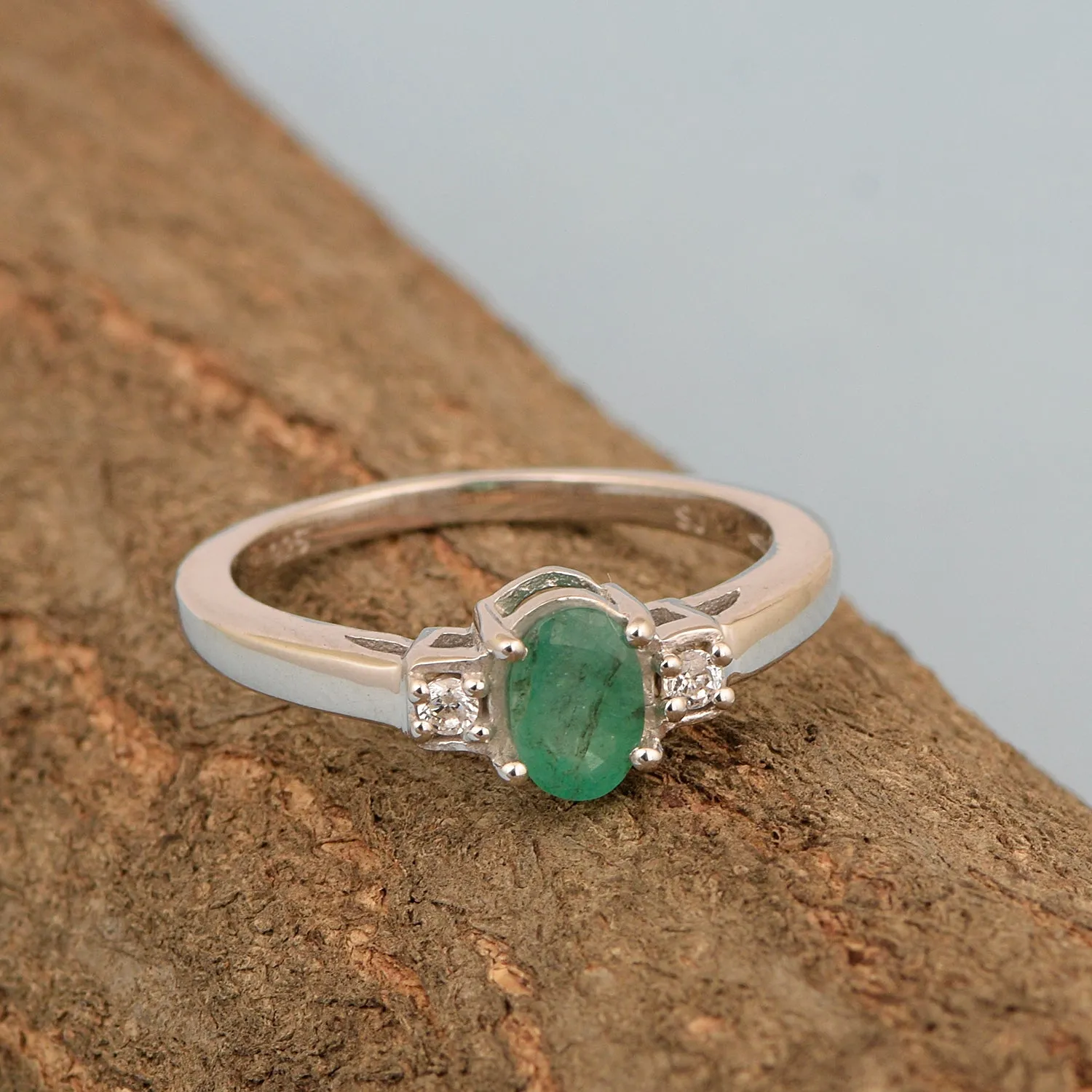Emerald Oval 7X5 MM Gemstone 925 Sterling Silver 3-Stone Proposal Ring