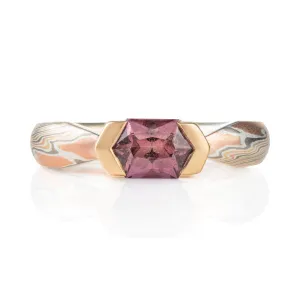 Enchanting Mokume Twist Pattern Ring with Dusky Rose Sapphire