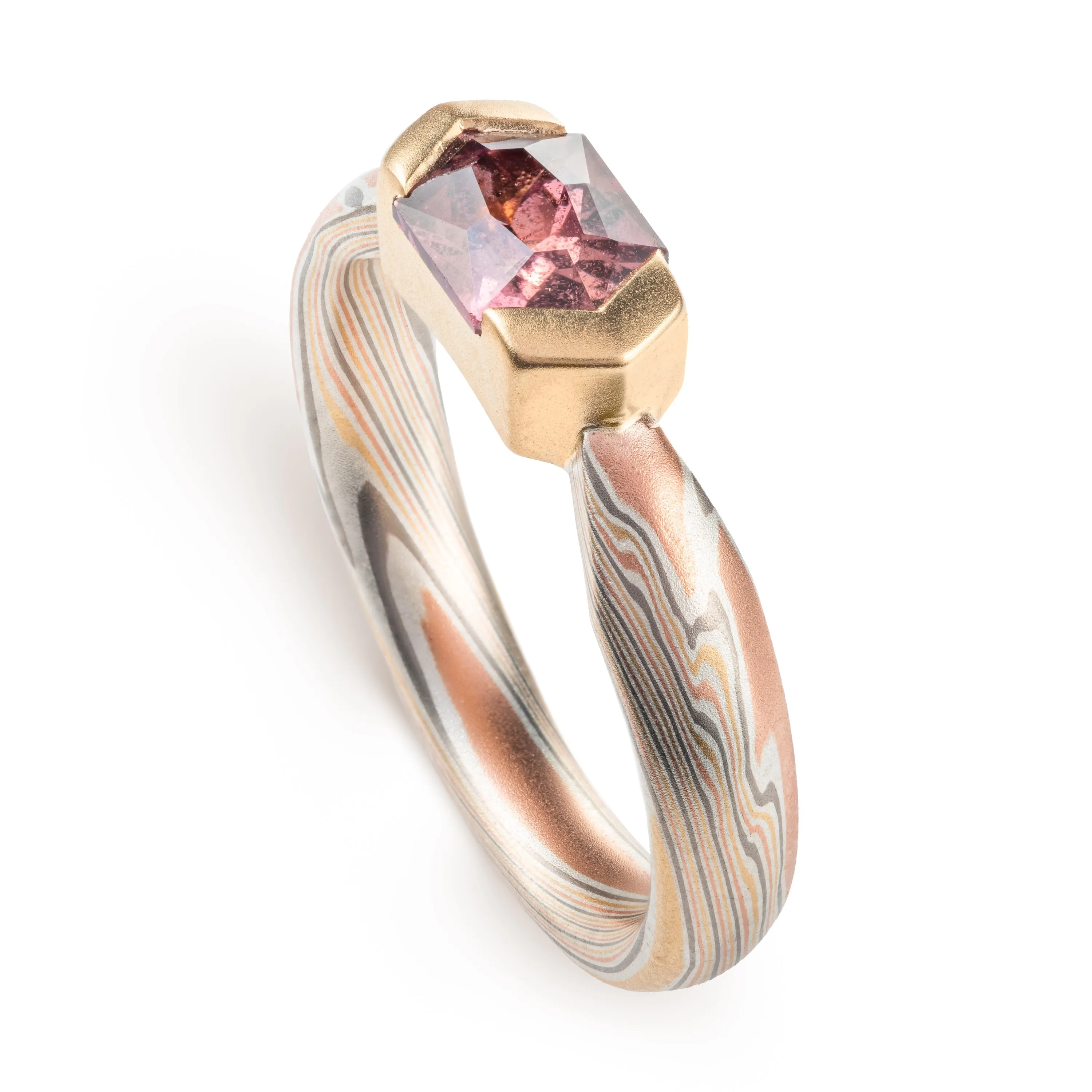 Enchanting Mokume Twist Pattern Ring with Dusky Rose Sapphire