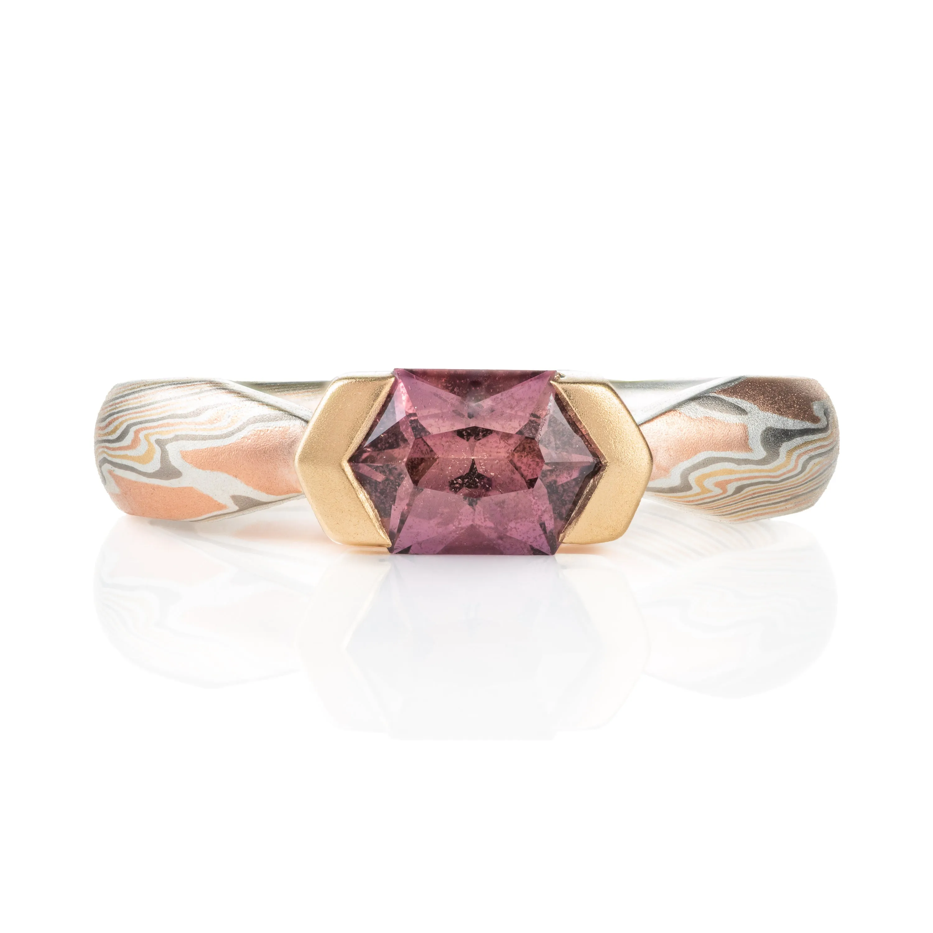 Enchanting Mokume Twist Pattern Ring with Dusky Rose Sapphire