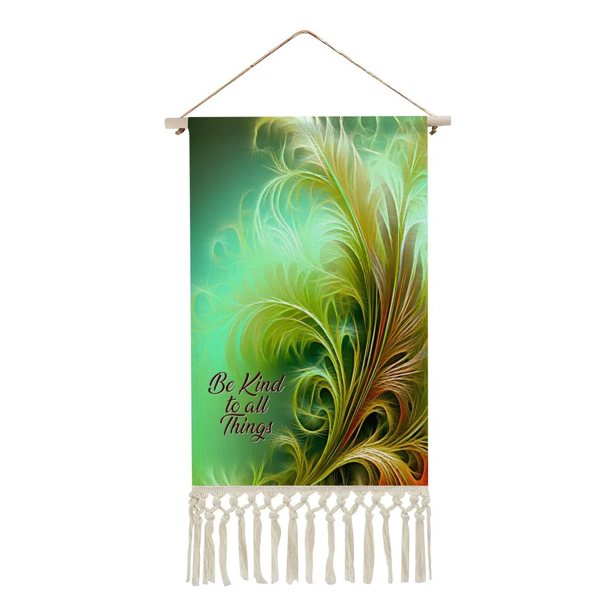 Fringed Canvas Wall Hanging, Green Feathery Fall Foliage Artwork, Inspirational Affirmation