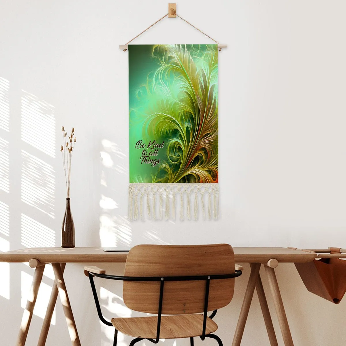 Fringed Canvas Wall Hanging, Green Feathery Fall Foliage Artwork, Inspirational Affirmation