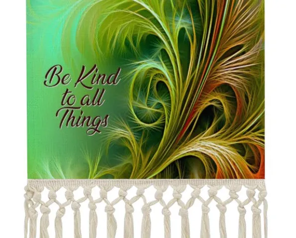 Fringed Canvas Wall Hanging, Green Feathery Fall Foliage Artwork, Inspirational Affirmation